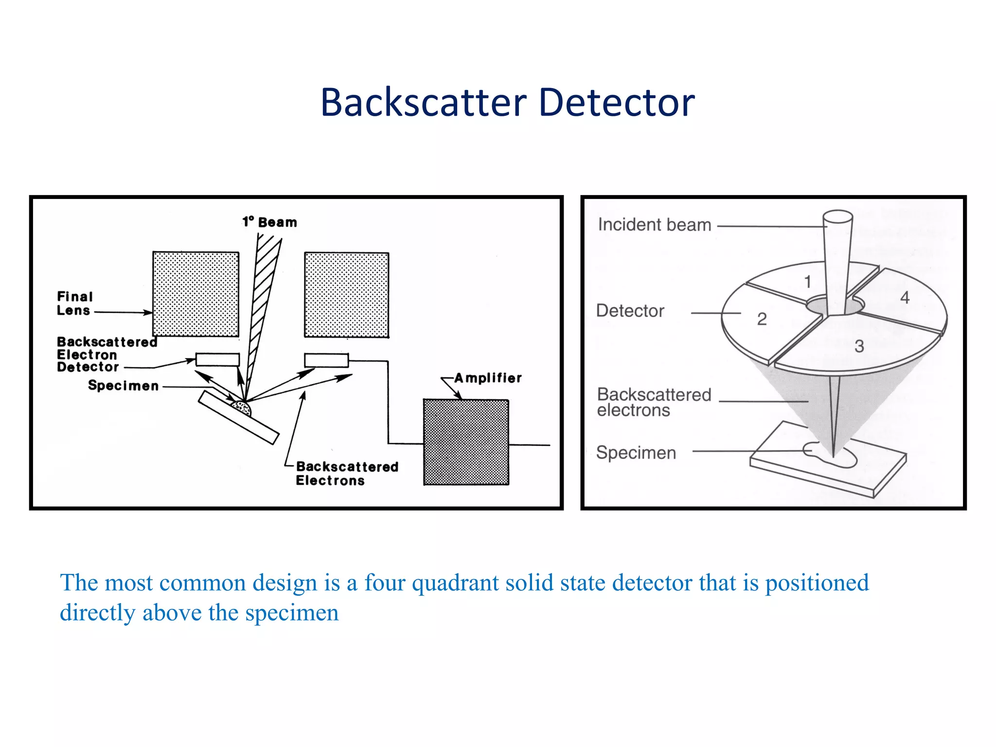 The most common design is a four quadrant solid state detector that is positioned
directly above the specimen
Backscatter Detector
 