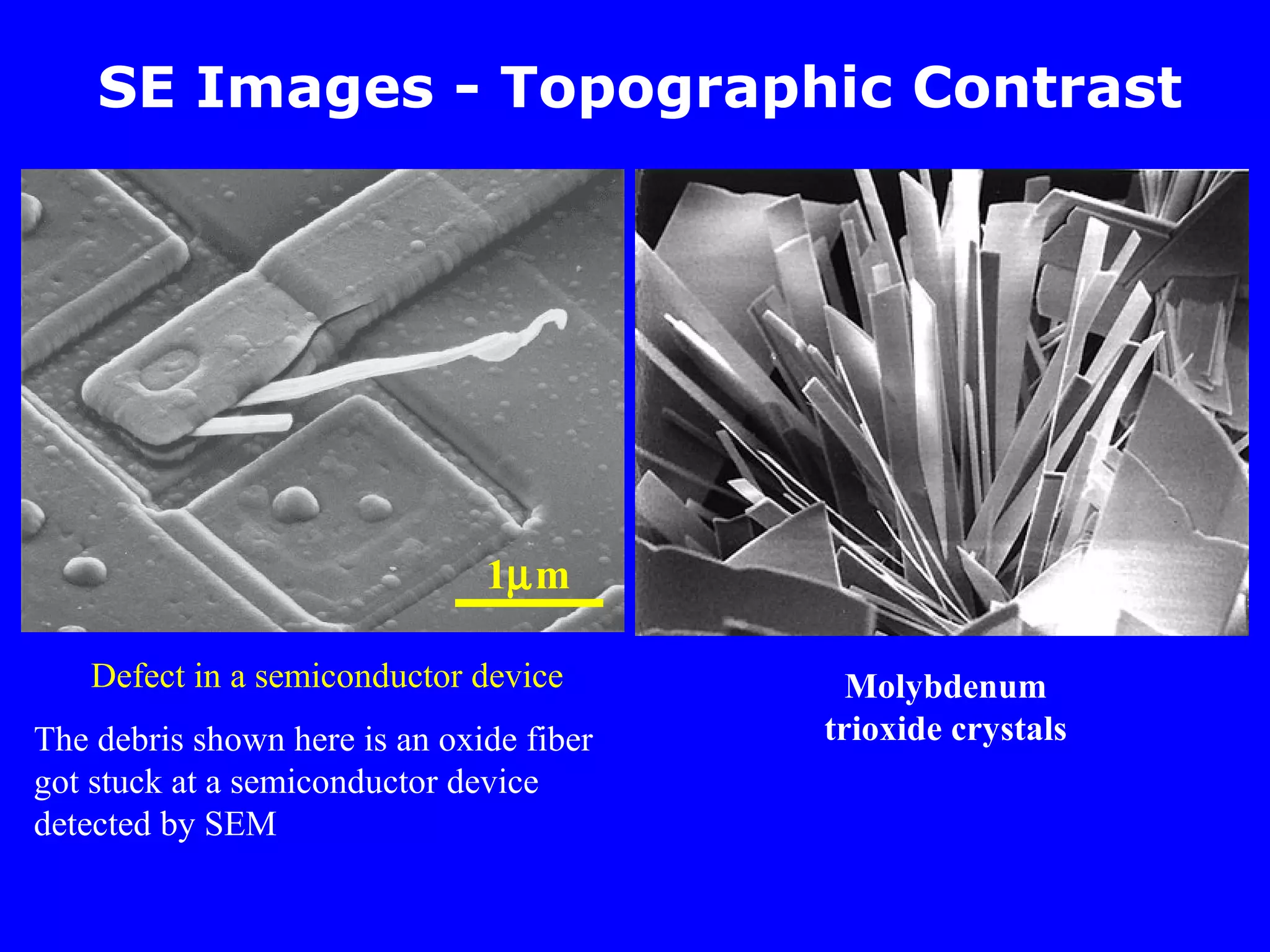 SE Images - Topographic Contrast
The debris shown here is an oxide fiber
got stuck at a semiconductor device
detected by SEM
1µm
Defect in a semiconductor device Molybdenum
trioxide crystals
 