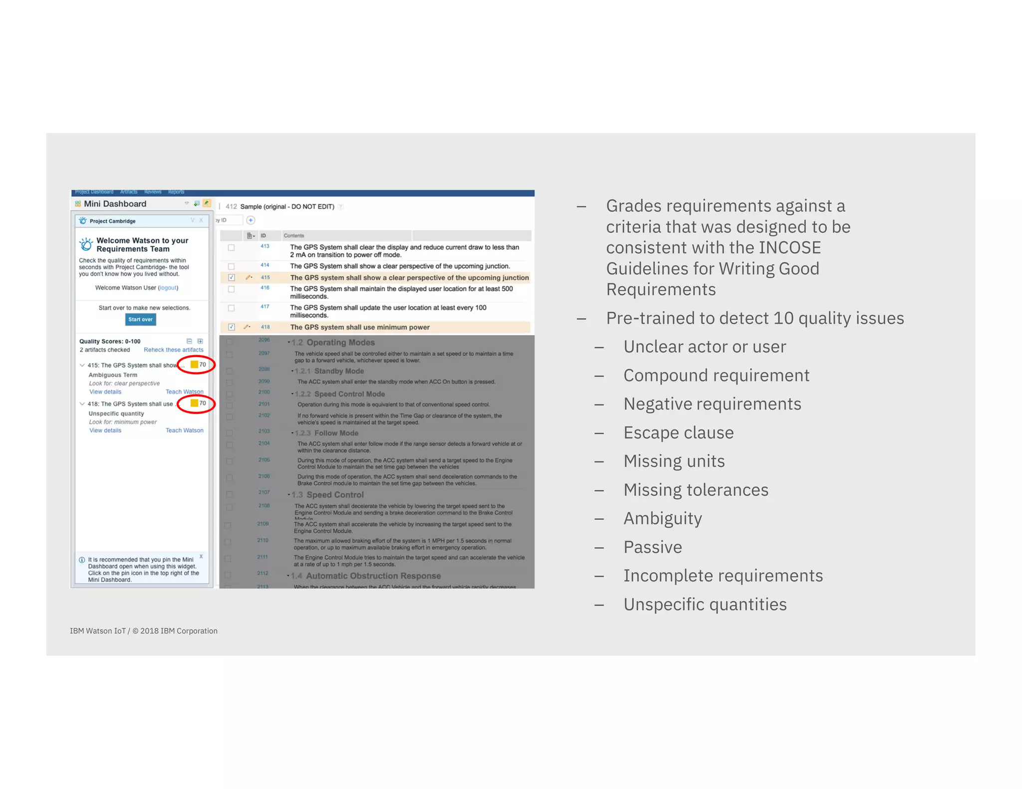 IBM Watson IoT / © 2018 IBM Corporation
⎯ Grades requirements against a
criteria that was designed to be
consistent with the INCOSE
Guidelines for Writing Good
Requirements
⎯ Pre-trained to detect 10 quality issues
⎯ Unclear actor or user
⎯ Compound requirement
⎯ Negative requirements
⎯ Escape clause
⎯ Missing units
⎯ Missing tolerances
⎯ Ambiguity
⎯ Passive
⎯ Incomplete requirements
⎯ Unspecific quantities
 