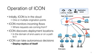 Operation of ICON
• Initially, ICON is in the cloud
• One or multiple origination points
• ICON monitors incoming flows
• Where requests are coming from?
• ICON discovers deployment locations
• In the domain of end-users or on a path
to it
• ICON can take autonomous decisions
• Deploy replica of itself
11
 