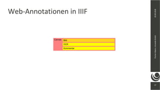 27
20.09.2018FlorianAlpers,intrandaGmbH
27
Web-Annotationen in IIIF
Canvas Bild
OCR
Kommentar
 