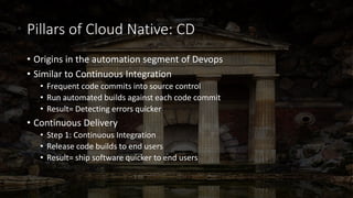 Pillars of Cloud Native: CD
• Origins in the automation segment of Devops
• Similar to Continuous Integration
• Frequent code commits into source control
• Run automated builds against each code commit
• Result= Detecting errors quicker
• Continuous Delivery
• Step 1: Continuous Integration
• Release code builds to end users
• Result= ship software quicker to end users
 