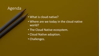 Agenda
• What is cloud native?
• Where are we today in the cloud native
world?
• The Cloud Native ecosystem.
• Cloud Native adoption.
• Challenges.
 