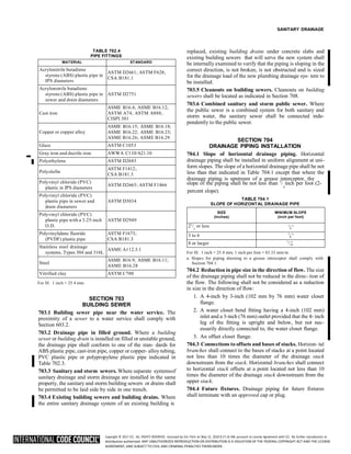 Copyright © 2017 ICC. ALL RIGHTS RESERVED. Accessed by Eric Fitch on May 15, 2018 8:17:14 AM pursuant to License Agreement with ICC. No further reproduction or
distribution authorized. ANY UNAUTHORIZED REPRODUCTION OR DISTRIBUTION IS A VIOLATION OF THE FEDERAL COPYRIGHT ACT AND THE LICENSE
AGREEMENT, AND SUBJECT TO CIVIL AND CRIMINAL PENALTIES THEREUNDER.
SANITARY DRAINAGE
TABLE 702.4
PIPE FITTINGS
➡
replaced, existing building drains under concrete slabs and
existing building sewers that will serve the new system shall
be internally examined to verify that the piping is sloping in the
correct direction, is not broken, is not obstructed and is sized
for the drainage load of the new plumbing drainage sys- tem to
be installed.
703.5 Cleanouts on building sewers. Cleanouts on building
sewers shall be located as indicated in Section 708.
703.6 Combined sanitary and storm public sewer. Where
the public sewer is a combined system for both sanitary and
storm water, the sanitary sewer shall be connected inde-
pendently to the public sewer.
SECTION 704
DRAINAGE PIPING INSTALLATION
704.1 Slope of horizontal drainage piping. Horizontal
drainage piping shall be installed in uniform alignment at uni-
form slopes. The slope of a horizontal drainage pipe shall be not
less than that indicated in Table 704.1 except that where the
drainage piping is upstream of a grease interceptor, the
slope of the piping shall be not less than 1
/ inch per foot (2-
percent slope).
4
TABLE 704.1
SLOPE OF HORIZONTAL DRAINAGE PIPE
SIZE
(inches)
MINIMUM SLOPE
(inch per foot)
21
/ or less
2
1
/ a
4
3 to 6 1
/ a
8
8 or larger 1
/ a
16
For SI: 1 inch = 25.4 mm.
SECTION 703
BUILDING SEWER
703.1 Building sewer pipe near the water service. The
proximity of a sewer to a water service shall comply with
Section 603.2.
703.2 Drainage pipe in filled ground. Where a building
sewer or building drain is installed on filled or unstable ground,
the drainage pipe shall conform to one of the stan- dards for
ABS plastic pipe, cast-iron pipe, copper or copper- alloy tubing,
PVC plastic pipe or polypropylene plastic pipe indicated in
Table 702.3.
703.3 Sanitary and storm sewers. Where separate systemsof
sanitary drainage and storm drainage are installed in the same
property, the sanitary and storm building sewers or drains shall
be permitted to be laid side by side in one trench.
703.4 Existing building sewers and building drains. Where
the entire sanitary drainage system of an existing building is
For SI: 1 inch = 25.4 mm, 1 inch per foot = 83.33 mm/m.
a. Slopes for piping draining to a grease interceptor shall comply with
Section 704.1.
704.2 Reduction in pipe size in the direction of flow. The size
of the drainage piping shall not be reduced in the direc- tion of
the flow. The following shall not be considered as a reduction
in size in the direction of flow:
1. A 4-inch by 3-inch (102 mm by 76 mm) water closet
flange.
2. A water closet bend fitting having a 4-inch (102 mm)
inlet and a 3-inch (76 mm) outlet provided that the 4- inch
leg of the fitting is upright and below, but not nec-
essarily directly connected to, the water closet flange.
3. An offset closet flange.
704.3 Connections to offsets and bases of stacks. Horizon- tal
branches shall connect to the bases of stacks at a point located
not less than 10 times the diameter of the drainage stack
downstream from the stack. Horizontal branches shall connect
to horizontal stack offsets at a point located not less than 10
times the diameter of the drainage stack downstream from the
upper stack.
704.4 Future fixtures. Drainage piping for future fixtures
shall terminate with an approved cap or plug.
MATERIAL STANDARD
Acrylonitrile butadiene
styrene (ABS) plastic pipe in
IPS diameters
ASTM D2661; ASTM F628;
CSA B181.1
Acrylonotrile butadiene
styrene (ABS) plastic pipe in
sewer and drain diameters
ASTM D2751
Cast iron
ASME B16.4; ASME B16.12;
ASTM A74; ASTM A888;
CISPI 301
Copper or copper alloy
ASME B16.15; ASME B16.18;
ASME B16.22; ASME B16.23;
ASME B16.26; ASME B16.29
Glass ASTM C1053
Gray iron and ductile iron AWWA C110/A21.10
Polyethylene ASTM D2683
Polyolefin
ASTM F1412;
CSA B181.3
Polyvinyl chloride (PVC)
plastic in IPS diameters
ASTM D2665; ASTM F1866
Polyvinyl chloride (PVC)
plastic pipe in sewer and
drain diameters
ASTM D3034
Polyvinyl chloride (PVC)
plastic pipe with a 3.25-inch
O.D.
ASTM D2949
Polyvinylidene fluoride
(PVDF) plastic pipe
ASTM F1673;
CSA B181.3
Stainless steel drainage
systems, Types 304 and 316L
ASME A112.3.1
Steel
ASME B16.9; ASME B16.11;
ASME B16.28
Vitrified clay ASTM C700
 