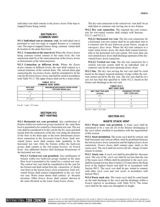 Copyright © 2017 ICC. ALL RIGHTS RESERVED. Accessed by Eric Fitch on May 15, 2018 8:17:14 AM pursuant to License Agreement with ICC. No further reproduction or
distribution authorized. ANY UNAUTHORIZED REPRODUCTION OR DISTRIBUTION IS A VIOLATION OF THE FEDERAL COPYRIGHT ACT AND THE LICENSE
AGREEMENT, AND SUBJECT TO CIVIL AND CRIMINAL PENALTIES THEREUNDER.
VENTS
individual vent shall connect to the fixture drain of the trap or
trapped fixture being vented.
SECTION 911
COMMON VENT
911.1 Individual vent as common vent. An individual vent is
permitted to vent two traps or trapped fixtures as a common
vent. The traps or trapped fixtures being common vented shall
be located on the same floor level.
911.2 Connection at the same level. Where the fixture drains
being common vented connect at the same level, the vent
connection shall be at the interconnection of the fixture drains
or downstream of the interconnection.
911.3 Connection at different levels. Where the fixture
drains connect at different levels, the vent shall connect as a
vertical extension of the vertical drain. The vertical drain pipe
connecting the two fixture drains shall be considered to be the
vent for the lower fixture drain, and shall be sized in accordance
with Table 911.3. The upper fixture shall not be a water closet.
TABLE 911.3
COMMON VENT SIZES
The dry-vent connection to the vertical wet vent shall be an
individual or common vent serving one or two fixtures.
912.2 Dry vent connection. The required dry-vent connec-
tion for wet-vented systems shall comply with Sections
912.2.1 and 912.2.2.
912.2.1 Horizontal wet vent. The dry-vent connection for
a horizontal wet-vent system shall be an individual vent or
a common vent for any bathroom group fixture, except an
emergency floor drain. Where the dry-vent connects to a
water closet fixture drain, the drain shall connect horizon-
tally to the horizontal wet-vent system. Not more than one
wet-vented fixture drain shall discharge upstream of the dry-
vented fixture drain connection.
912.2.2 Vertical wet vent. The dry-vent connection for a
vertical wet-vent system shall be an individual vent or
common vent for the most upstream fixture drain.
912.3 Size. The dry vent serving the wet vent shall be sized
based on the largest required diameter of pipe within the wet-
vent system served by the dry vent. The wet vent shall be of a
size not less than that specified in Table 912.3, based on the
fixture unit discharge to the wet vent.
TABLE 912.3
WET VENT SIZE
For SI: 1 inch = 25.4 mm.
SECTION 912
WET VENTING
For SI: 1 inch = 25.4 mm.
SECTION 913
912.1 Horizontal wet vent permitted. Any combination of
fixtures within two bathroom groups located on the same floor
level is permitted to be vented by a horizontal wet vent. The wet
vent shall be considered to be the vent for the fix- tures and shall
extend from the connection of the dry vent along the direction
of the flow in the drain pipe to the most downstream fixture
drain connection to the horizontal branch drain. Each wet-
vented fixture drain shall connect inde- pendently to the
horizontal wet vent. Only the fixtures within the bathroom
groups shall connect to the wet-vented horizon- tal branch
drain. Any additional fixtures shall discharge downstream of
the horizontal wet vent.
912.1.1 Vertical wet vent permitted. Any combination of
fixtures within two bathroom groups located on the same
floor level is permitted to be vented by a vertical wet vent.
The vertical wet vent shall be considered to be the vent for
the fixtures and shall extend from the connection of thedry
vent down to the lowest fixture drain connection. Each wet-
vented fixture shall connect independently to the ver- tical
wet vent. Water closet drains shall connect at thesame
elevation. Other fixture drains shall connect aboveor at
the same elevation as the water closet fixture drains.
WASTE STACK VENT
913.1 Waste stack vent permitted. A waste stack shall be
considered to be a vent for all of the fixtures discharging to
the stack where installed in accordance with the requirements
of this section.
913.2 Stack installation. The waste stack shall be vertical, and
both horizontal and vertical offsets shall be prohibited between
the lowest fixture drain connection and the highest fixture drain
connection. Fixture drains shall connect sepa- rately to the
waste stack. The stack shall not receive the dis- charge of water
closets or urinals.
913.3 Stack vent. A stack vent shall be provided for thewaste
stack. The size of the stack vent shall be not less than the size
of the waste stack. Offsets shall be permitted in the stack vent,
shall be located not less than 6 inches (152 mm) above the flood
level of the highest fixture and shall be in accordance with
Section 905.2. The stack vent shall be per- mitted to connect
with other stack vents and vent stacks in accordance with
Section 904.5.
913.4 Waste stack size. The waste stack shall be sized based
on the total discharge to the stack and the discharge within a
branch interval in accordance with Table 913.4. The waste
stack shall be the same size throughout its length.
PIPE SIZE
(inches)
MAXIMUM DISCHARGE FROM UPPER
FIXTURE DRAIN (dfu)
11
/2 1
2 4
21
/ to 3
2 6
WET VENT PIPE SIZE
(inches)
DRAINAGE FIXTURE
UNIT LOAD (dfu)
11
/2 1
2 4
21
/2 6
3 12
 