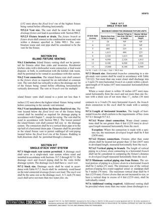 Copyright © 2017 ICC. ALL RIGHTS RESERVED. Accessed by Eric Fitch on May 15, 2018 8:17:14 AM pursuant to License Agreement with ICC. No further reproduction or
distribution authorized. ANY UNAUTHORIZED REPRODUCTION OR DISTRIBUTION IS A VIOLATION OF THE FEDERAL COPYRIGHT ACT AND THE LICENSE
AGREEMENT, AND SUBJECT TO CIVIL AND CRIMINAL PENALTIES THEREUNDER.
VENTS
(152 mm) above the flood level rim of the highest fixture
being vented before offsetting horizontally.
915.2.4 Vent size. The vent shall be sized for the total
drainage fixture unit load in accordance with Section 906.2.
915.2.5 Fixture branch or drain. The fixture branch or
fixture drain shall connect to the combination waste and vent
within a distance specified in Table 909.1. The com-
bination waste and vent pipe shall be considered to be the
vent for the fixture.
SECTION 916
ISLAND FIXTURE VENTING
916.1 Limitation. Island fixture venting shall not be permit-
ted for fixtures other than sinks and lavatories. Residential
kitchen sinks with a dishwasher waste connection, a food waste
disposer, or both, in combination with the kitchen sink waste,
shall be permitted to be vented in accordance with this section.
916.2 Vent connection. The island fixture vent shall connect
to the fixture drain as required for an individual or common
vent. The vent shall rise vertically to above the drainage out- let
of the fixture being vented before offsetting horizontallyor
vertically downward. The vent or branch vent for multiple
TABLE 917.2
SINGLE STACK SIZE
STACK SIZE
(inches)
MAXIMUM CONNECTED DRAINAGE FIXTURE UNITS
Stacks less than
75 feet in height
Stacks 75 feet to
less than 160 feet
in height
Stacks 160 feet
and greater in
height
3 24 NP NP
4 225 24 NP
5 480 225 24
6 1,015 480 225
8 2,320 1,015 480
10 4,500 2,320 1,015
12 8,100 4,500 2,320
15 13,600 8,100 4,500
For SI: 1 inch = 25.4 mm, 1 foot = 304.8 mm.
917.3 Branch size. Horizontal branches connecting to a sin-
gle-stack vent system shall be sized in accordance with Table
710.1(2). Not more than one water closet shall discharge into
a 3-inch (76 mm) horizontal branch at a point within a devel-
oped length of 18 inches (457 mm) measured horizontallyfrom
the stack.
Where a water closet is within 18 inches (457 mm) mea-
sured horizontally from the stack and not more than one fix-
island fixture vents shall extend to a point not less than 6 ture with a drain size of not more than 11
/ inches (38 mm)
inches (152 mm) above the highest island fixture being vented
before connecting to the outside vent terminal.
916.3 Vent installation below the fixture flood level rim. The
vent located below the flood level rim of the fixture being
vented shall be installed as required for drainage piping in
accordance with Chapter 7, except for sizing. The vent shall be
sized in accordance with Section 906.2. The lowest pointof
the island fixture vent shall connect full size to the drainage
system. The connection shall be to a vertical drain pipe or to the
top half of a horizontal drain pipe. Cleanouts shall be provided
in the island fixture vent to permit roddingof all vent piping
located below the flood level rim of the fixtures. Rodding in
both directions shall be permitted through a cleanout.
SECTION 917
SINGLE-STACK VENT SYSTEM
917.1 Single-stack vent system permitted. A drainage stack
shall serve as a single-stack vent system where sized and
installed in accordance with Sections 917.2 through 917.9. The
drainage stack and branch piping shall be the vents forthe
drainage system. The drainage stack shall have a stack vent.
917.2 Stack size. Drainage stacks shall be sized in accor-
dance with Table 917.2. Stacks shall be uniformly sized based
on the total connected drainage fixture unit load. The stack vent
shall be the same size as the drainage stack. A 3- inch (76 mm)
stack shall serve not more than two water clos- ets.
connects to a 3-inch (76 mm) horizontal branch, the branch
drain connection to the stack shall be made with a sanitary
tee.
917.4 Length of horizontal branches. The length of hori-
zontal branches shall conform to the requirements of Sec- tions
917.4.1 through 917.4.3.
917.4.1 Water closet connection. Water closet connec-
tions shall be not greater than 4 feet (1219 mm) in devel-
oped length measured horizontally from the stack.
Exception: Where the connection is made with a sani-
tary tee, the maximum developed length shall be 8 feet
(2438 mm).
917.4.2 Fixture connections. Fixtures other than water
closets shall be located not greater than 12 feet (3657 mm)
in developed length, measured horizontally from the stack.
917.4.3 Vertical piping in branch. The length of vertical
piping in a fixture drain connecting to a horizontal branch
shall not be considered in computing the fixture’s distance
in developed length measured horizontally from the stack.
917.5 Minimum vertical piping size from fixture. The ver-
tical portion of piping in a fixture drain to a horizontal branch
shall be 2 inches (51 mm). The minimum size of the vertical
portion of piping for a water-supplied urinal or standpipe shall
be 3 inches (76 mm). The maximum vertical drop shall be 4
feet (1219 mm). Fixture drains that are not increased in size, or
have a vertical drop in excess of 4 feet (1219 mm), shall be
individually vented.
917.6 Additional venting required. Additional venting shall
be provided where more than one water closet discharges to a
2
 