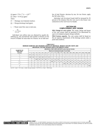 Copyright © 2017 ICC. ALL RIGHTS RESERVED. Accessed by Eric Fitch on May 15, 2018 8:17:14 AM pursuant to License Agreement with ICC. No further reproduction or
distribution authorized. ANY UNAUTHORIZED REPRODUCTION OR DISTRIBUTION IS A VIOLATION OF THE FEDERAL COPYRIGHT ACT AND THE LICENSE
AGREEMENT, AND SUBJECT TO CIVIL AND CRIMINAL PENALTIES THEREUNDER.
s s
VENTS
Q (gpm)= 27.8 r 2/3
(1 – r ) D 8/3
Q (cfm)= 0.134 Q (gpm)
where:
D = Drainage stack diameter (inches).
Qw = Design discharge load (gpm).
rs = Waste water flow area to total area.
=
Qw
27.8 D
8  3
Individual vent airflow rates are obtained by equally dis-
tributing Qh,b into one-half the total number of fixtures on the
branch or header for more than two fixtures; for an odd num-
ber of total fixtures, decrease by one; for one fixture, apply
the full value of Qh,b.
Individual vent developed length shall be increased by 20
percent of the distance from the vent stack to the fixture vent
connection on the vent branch or header.
SECTION 920
COMPUTERIZED VENT DESIGN
920.1 Design of vent system. The sizing, design and layout
of the vent system shall be permitted to be determined by
approved computer program design methods.
920.2 System capacity. The vent system shall be based on
the air capacity requirements of the drainage system under a
peak load condition.
TABLE 919.2
MINIMUM DIAMETER AND MAXIMUM LENGTH OF INDIVIDUAL BRANCH FIXTURE VENTS AND
INDIVIDUAL FIXTURE HEADER VENTS FOR SMOOTH PIPES
DIAMETER OF
VENT PIPE
(inches)
INDIVIDUAL VENT AIRFLOW RATE (cubic feet per minute)
Maximum developed length of vent (feet)
1 2 3 4 5 6 7 8 9 10 11 12 13 14 15 16 17 18 19 20
1
/2 95 25 13 8 5 4 3 2 1 1 1 1 1 1 1 1 1 1 1 1
3
/4 100 88 47 30 20 15 10 9 7 6 5 4 3 3 3 2 2 2 2 1
1 — — 100 94 65 48 37 29 24 20 17 14 12 11 9 8 7 7 6 6
11
/
4
— — — — — — — 100 87 73 62 53 46 40 36 32 29 26 23 21
11
/
2
— — — — — — — — — — — 100 96 84 75 65 60 54 49 45
2 — — — — — — — — — — — — — — — — — — — 100
For SI: 1 inch = 25.4 mm, 1 cubic foot per minute = 0.4719 L/s, 1 foot = 304.8 mm.
2018 INTERNATIONAL PLUMBING CODE® 81
 
