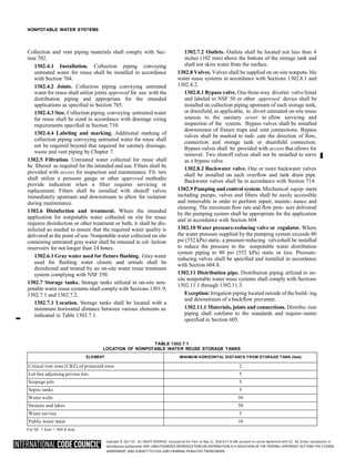 Copyright © 2017 ICC. ALL RIGHTS RESERVED. Accessed by Eric Fitch on May 15, 2018 8:17:14 AM pursuant to License Agreement with ICC. No further reproduction or
distribution authorized. ANY UNAUTHORIZED REPRODUCTION OR DISTRIBUTION IS A VIOLATION OF THE FEDERAL COPYRIGHT ACT AND THE LICENSE
AGREEMENT, AND SUBJECT TO CIVIL AND CRIMINAL PENALTIES THEREUNDER.
NONPOTABLE WATER SYSTEMS
Collection and vent piping materials shall comply with Sec-
tion 702.
1302.4.1 Installation. Collection piping conveying
untreated water for reuse shall be installed in accordance
with Section 704.
1302.4.2 Joints. Collection piping conveying untreated
water for reuse shall utilize joints approved for use with the
distribution piping and appropriate for the intended
applications as specified in Section 705.
1302.4.3 Size. Collection piping conveying untreated water
for reuse shall be sized in accordance with drainage sizing
requirements specified in Section 710.
1302.4.4 Labeling and marking. Additional marking of
collection piping conveying untreated water for reuse shall
not be required beyond that required for sanitary drainage,
waste and vent piping by Chapter 7.
1302.5 Filtration. Untreated water collected for reuse shall
be filtered as required for the intended end use. Filters shall be
provided with access for inspection and maintenance. Fil- ters
shall utilize a pressure gauge or other approved methodto
provide indication when a filter requires servicing or
replacement. Filters shall be installed with shutoff valves
immediately upstream and downstream to allow for isolation
during maintenance.
1302.6 Disinfection and treatment. Where the intended
application for nonpotable water collected on site for reuse
requires disinfection or other treatment or both, it shall be dis-
infected as needed to ensure that the required water quality is
delivered at the point of use. Nonpotable water collected on site
containing untreated gray water shall be retained in col- lection
reservoirs for not longer than 24 hours.
1302.6.1 Gray water used for fixture flushing. Gray water
used for flushing water closets and urinals shall be
disinfected and treated by an on-site water reuse treatment
system complying with NSF 350.
1302.7 Storage tanks. Storage tanks utilized in on-site non-
potable water reuse systems shall comply with Sections 1301.9,
1302.7.1 and 1302.7.2.
1302.7.1 Location. Storage tanks shall be located with a
minimum horizontal distance between various elements as
➡
indicated in Table 1302.7.1.
1302.7.2 Outlets. Outlets shall be located not less than 4
inches (102 mm) above the bottom of the storage tank and
shall not skim water from the surface.
1302.8 Valves. Valves shall be supplied on on-site nonpota- ble
water reuse systems in accordance with Sections 1302.8.1 and
1302.8.2.
1302.8.1 Bypass valve. One three-way diverter valve listed
and labeled to NSF 50 or other approved device shall be
installed on collection piping upstream of each storage tank,
or drainfield, as applicable, to divert untreated on-site reuse
sources to the sanitary sewer to allow servicing and
inspection of the system. Bypass valves shall be installed
downstream of fixture traps and vent connections. Bypass
valves shall be marked to indi- cate the direction of flow,
connection and storage tank or drainfield connection.
Bypass valves shall be provided with access that allows for
removal. Two shutoff valves shall not be installed to serve
as a bypass valve.
1302.8.2 Backwater valve. One or more backwater valves
shall be installed on each overflow and tank drain pipe.
Backwater valves shall be in accordance with Section 714.
1302.9 Pumping and control system. Mechanical equip- ment
including pumps, valves and filters shall be easily accessible
and removable in order to perform repair, mainte- nance and
cleaning. The minimum flow rate and flow pres- sure delivered
by the pumping system shall be appropriate for the application
and in accordance with Section 604.
1302.10 Water pressure-reducing valve or regulator. Where
the water pressure supplied by the pumping system exceeds 80
psi (552 kPa) static, a pressure-reducing valveshall be installed
to reduce the pressure in the nonpotable water distribution
system piping to 80 psi (552 kPa) static or less. Pressure-
reducing valves shall be specified and installed in accordance
with Section 604.8.
1302.11 Distribution pipe. Distribution piping utilized in on-
site nonpotable water reuse systems shall comply with Sections
1302.11.1 through 1302.11.3.
Exception: Irrigation piping located outside of the build- ing
and downstream of a backflow preventer.
1302.11.1 Materials, joints and connections. Distribu- tion
piping shall conform to the standards and require-ments
specified in Section 605.
TABLE 1302.7.1
LOCATION OF NONPOTABLE WATER REUSE STORAGE TANKS
ELEMENT MINIMUM HORIZONTAL DISTANCE FROM STORAGE TANK (feet)
Critical root zone (CRZ) of protected trees 2
Lot line adjoining private lots 5
Seepage pits 5
Septic tanks 5
Water wells 50
Streams and lakes 50
Water service 5
Public water main 10
For SI: 1 foot = 304.8 mm.
 