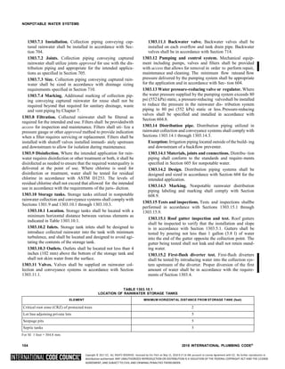 Copyright © 2017 ICC. ALL RIGHTS RESERVED. Accessed by Eric Fitch on May 15, 2018 8:17:14 AM pursuant to License Agreement with ICC. No further reproduction or
distribution authorized. ANY UNAUTHORIZED REPRODUCTION OR DISTRIBUTION IS A VIOLATION OF THE FEDERAL COPYRIGHT ACT AND THE LICENSE
AGREEMENT, AND SUBJECT TO CIVIL AND CRIMINAL PENALTIES THEREUNDER.
NONPOTABLE WATER SYSTEMS
1303.7.1 Installation. Collection piping conveying cap-
tured rainwater shall be installed in accordance with Sec-
tion 704.
1303.7.2 Joints. Collection piping conveying captured
rainwater shall utilize joints approved for use with the dis-
tribution piping and appropriate for the intended applica-
tions as specified in Section 705.
1303.7.3 Size. Collection piping conveying captured rain-
water shall be sized in accordance with drainage sizing
requirements specified in Section 710.
1303.7.4 Marking. Additional marking of collection pip-
ing conveying captured rainwater for reuse shall not be
required beyond that required for sanitary drainage, waste
and vent piping by Chapter 7.
1303.8 Filtration. Collected rainwater shall be filtered as
required for the intended end use. Filters shall be providedwith
access for inspection and maintenance. Filters shall uti- lize a
pressure gauge or other approved method to provide indication
when a filter requires servicing or replacement. Filters shall be
installed with shutoff valves installed immedi- ately upstream
and downstream to allow for isolation during maintenance.
1303.9 Disinfection. Where the intended application for rain-
water requires disinfection or other treatment or both, it shall be
disinfected as needed to ensure that the required waterquality is
delivered at the point of use. Where chlorine is used for
disinfection or treatment, water shall be tested for residual
chlorine in accordance with ASTM D1253. The levels of
residual chlorine shall not exceed that allowed for the intended
use in accordance with the requirements of the juris- diction.
1303.10 Storage tanks. Storage tanks utilized in nonpotable
rainwater collection and conveyance systems shall comply with
Sections 1301.9 and 1303.10.1 through 1303.10.3.
1303.10.1 Location. Storage tanks shall be located with a
minimum horizontal distance between various elements as
indicated in Table 1303.10.1.
1303.10.2 Inlets. Storage tank inlets shall be designed to
introduce collected rainwater into the tank with minimum
turbulence, and shall be located and designed to avoid agi-
tating the contents of the storage tank.
1303.10.3 Outlets. Outlets shall be located not less than 4
inches (102 mm) above the bottom of the storage tank and
shall not skim water from the surface.
1303.11 Valves. Valves shall be supplied on rainwater col-
lection and conveyance systems in accordance with Section
1303.11.1.
1303.11.1 Backwater valve. Backwater valves shall be
installed on each overflow and tank drain pipe. Backwater
valves shall be in accordance with Section 714.
1303.12 Pumping and control system. Mechanical equip-
ment including pumps, valves and filters shall be provided
with access that allows for removal in order to perform repair,
maintenance and cleaning. The minimum flow rateand flow
pressure delivered by the pumping system shall be appropriate
for the application and in accordance with Sec- tion 604.
1303.13 Water pressure-reducing valve or regulator. Where
the water pressure supplied by the pumping system exceeds 80
psi (552 kPa) static, a pressure-reducing valveshall be installed
to reduce the pressure in the rainwater dis- tribution system
piping to 80 psi (552 kPa) static or less.Pressure-reducing
valves shall be specified and installed in accordance with
Section 604.8.
1303.14 Distribution pipe. Distribution piping utilized in
rainwater collection and conveyance systems shall comply with
Sections 1303.14.1 through 1303.14.3.
Exception: Irrigation piping located outside of the build- ing
and downstream of a backflow preventer.
1303.14.1 Materials, joints and connections. Distribu- tion
piping shall conform to the standards and require-ments
specified in Section 605 for nonpotable water.
1303.14.2 Design. Distribution piping systems shall be
designed and sized in accordance with Section 604 for the
intended application.
1303.14.3 Marking. Nonpotable rainwater distribution
piping labeling and marking shall comply with Section
608.9.
1303.15 Tests and inspections. Tests and inspections shallbe
performed in accordance with Sections 1303.15.1 through
1303.15.9.
1303.15.1 Roof gutter inspection and test. Roof gutters
shall be inspected to verify that the installation and slope
is in accordance with Section 1303.5.1. Gutters shall be
tested by pouring not less than 1 gallon (3.8 l) of water
into the end of the gutter opposite the collection point. The
gutter being tested shall not leak and shall not retain stand-
ing water.
1303.15.2 First-flush diverter test. First-flush diverters
shall be tested by introducing water into the collection sys-
tem upstream of the diverter. Proper diversion of the first
amount of water shall be in accordance with the require-
ments of Section 1303.4.
TABLE 1303.10.1
LOCATION OF RAINWATER STORAGE TANKS
ELEMENT MINIMUM HORIZONTAL DISTANCE FROM STORAGE TANK (feet)
Critical root zone (CRZ) of protected trees 2
Lot line adjoining private lots 5
Seepage pits 5
Septic tanks 5
For SI: 1 foot = 304.8 mm.
104 2018 INTERNATIONAL PLUMBING CODE®
 