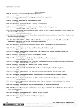 Copyright © 2017 ICC. ALL RIGHTS RESERVED. Accessed by Eric Fitch on May 15, 2018 8:17:14 AM pursuant to License Agreement with ICC. No further reproduction or
distribution authorized. ANY UNAUTHORIZED REPRODUCTION OR DISTRIBUTION IS A VIOLATION OF THE FEDERAL COPYRIGHT ACT AND THE LICENSE
AGREEMENT, AND SUBJECT TO CIVIL AND CRIMINAL PENALTIES THEREUNDER.
REFERENCED STANDARDS
ASSE—continued
1005—99: Performance Requirements for Water Heater Drain Valves
501.3
1008—06: Performance Requirements for Plumbing Aspects of Food Waste Disposer Units
413.1
1010—04: Performance Requirements for Water Hammer Arresters
604.9
1011—2016: Performance Requirements for Hose Connection Vacuum Breakers
Table 608.1, 608.14.6
1012—09: Performance Requirements for Backflow Preventers with Intermediate Atmospheric Vent
Table 608.1, 608.14.3, 608.17.2, 608.17.10
1013—2017: Performance Requirements for Reduced Pressure Principle Backflow Preventers and Reduced Pressure Principle Fire
Protection Backflow Preventers
Table 608.1, 608.14.2, 608.17.2
1015—2017: Performance Requirements for Double Check Backflow Prevention Assemblies and Double Check Fire Protection
Backflow Prevention Assemblies
Table 608.1, 608.14.7
ASSE 1016—2017/ASME A112.1016—2017/CSA B125.16—2017: Performance Requirements for Individual Thermostatic, Pressure
Balancing and Combination Control Valves for Individual Fixture Fittings
412.3, 412.4, 607.4
1017—2010: Performance Requirements for Temperature Actuated Mixing Valves for Hot Water Distribution Systems
501.2, 613.1
1018—2017: Performance Requirements for Trap Seal Primer Valves; Potable Water Supplied
1002.4.1.2
1019—2016: Performance Requirements for Vacuum Breaker Wall Hydrants, Freeze Resistant, Automatic Draining Type
Table 608.1, 608.14.6
1020—04: Performance Requirements for Pressure Vacuum Breaker Assembly
Table 608.1, 608.14.5
1022—2016: Performance Requirements for Backflow Preventer for Beverage Dispensing Equipment
Table 608.1, 608.17.1.1, 608.17.1.2
1024—2016: Performance Requirements for Dual Check Valve Type Backflow Preventers, Anti-siphon-type, Residential Applications
605.3.1, Table 608.1, 608.14.9, 608.17.1.2
1035—08: Performance Requirements for Laboratory Faucet Backflow Preventers
Table 608.1, 608.14.6
ASSE 1037—2015/ASME A112.1037—2015/CSA B125.37—15: Pressurized Flushing Devices for Plumbing Fixtures
415.2
1044—2010: Performance Requirements for Trap Seal Primer Devices Drainage Types and Electronic Design Types
1002.4.1.3
1047—2017: Performance Requirements for Reduced Pressure Detector Fire Protection Backflow Prevention Assemblies
Table 608.1, 608.14.2
1048—2017: Performance Requirements for Double Check Detector Fire Protection Backflow Prevention Assemblies
Table 608.1, 608.14.7
1049—2009: Performance Requirements for Individual and Branch Type Air Admittance Valves for Chemical Waste Systems
901.3, 918.8
1050—2009: Performance Requirements for Stack Air Admittance Valves for Sanitary Drainage Systems
918.1
1051—2009: Performance Requirements for Individual and Branch Type Air Admittance Valves for Sanitary Drainage Systems-
fixture and Branch Devices
918.1
1052—2016: Performance Requirements for Hose Connection Backflow Preventers
Table 608.1, 608.14.6
1055—2016: Performance Requirements for Chemical Dispensing Systems
608.14.8
114 2018 INTERNATIONAL PLUMBING CODE®
 
