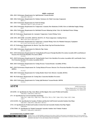 Copyright © 2017 ICC. ALL RIGHTS RESERVED. Accessed by Eric Fitch on May 15, 2018 8:17:14 AM pursuant to License Agreement with ICC. No further reproduction or
distribution authorized. ANY UNAUTHORIZED REPRODUCTION OR DISTRIBUTION IS A VIOLATION OF THE FEDERAL COPYRIGHT ACT AND THE LICENSE
AGREEMENT, AND SUBJECT TO CIVIL AND CRIMINAL PENALTIES THEREUNDER.
REFERENCED STANDARDS
ASSE—continued
1056—2013: Performance Requirements for Spill Resistant Vacuum Breaker
Table 608.1, 608.14.5
1060—2016: Performance Requirements for Outdoor Enclosures for Fluid Conveying Components
608.15.1
1061—2015: Performance Requirements for Push Fit Fittings
Table 605.5, 604.13.7, 605.14.4, 605.16.3
1062—2016: Performance Requirements for Temperature Actuated, Flow Reduction (TAFR) Valves to Individual Supply Fittings
424.7
1066—2016: Performance Requirements for Individual Pressure Balancing In-line Valves for Individual Fixture Fittings
604.11
1069—05: Performance Requirements for Automatic Temperature Control Mixing Valves
412.4
ASSE 1070—2015/ASME A112.1070—2015/CSA B125.70—15: Water-temperature Limiting Devices
408.3, 419.5, 423.3, 424.5, 607.1.2
1071—2012: Performance Requirements for Temperature Actuated Mixing Valves for Plumbed Emergency Equipment
411.3, 412.5, 412.10, 419.5, 423.3, 607.1.2
1072—07: Performance Requirements for Barrier Type Floor Drain Tap Seal Protection Devices
1002.4.14
1079—2005: Performance Requirements for Dielectric Pipe Unions
605.23.1, 605.23.3
5013—2015: Performance Requirements for Testing Reduced Pressure Principle Backflow Prevention Assembly (RPA) and Reduced
Pressure Fire Protection Backflow Preventers (RFP)
312.10.2
5015—2015: Performance Requirements for Testing Double Check Valve Backflow Prevention Assemblies (DC) and Double Check
Fire Protection Backflow Prevention Assemblies (DCF)
312.10.2
5020—2015: Performance Requirements for Testing Pressure Vacuum Breaker Assemblies (PVBA)
312.10.2
5047—2015: Performance Requirements for Testing Reduced Pressure Detector Fire Protection Backflow Prevention Assemblies
(RPDA)
312.10.2
5048—2015: Performance Requirements for Testing Double Check Valve Detector Assembly (DCDA)
312.10.2
5052—98: Performance Requirements for Testing Hose Connection Backflow Preventers
312.10.2
5056—2015: Performance Requirements for Testing Spill Resistant Vacuum Breaker (SRVB)
312.10.2
ASTM ASTM International
100 Barr Harbor Drive, P.O. Box C700
West Conshohocken, PA 19428-2959
A53/A53M—12: Specification for Pipe, Steel, Black and Hot-dipped, Zinc-coated Welded and Seamless
Table 605.3, Table 605.4, Table 702.1
A74—15: Specification for Cast-iron Soil Pipe and Fittings
Table 702.1, Table 702.2, Table 702.3, Table 702.4, 708.1.6, 708.7, Table 1102.4, Table 1102.5, Table
1102.7
A312/A312M—15a: Specification for Seamless, Welded, and Heavily Cold Worked Austenitic Stainless Steel Pipes
Table 605.3, Table 605.4, Table 605.5, 605.22.2
A733—15: Specification for Welded and Seamless Carbon Steel and Austenitic Stainless Steel Pipe Nipples
Table 605.8
A778/A778M—15: Specification for Welded Unannealed Austenitic Stainless Steel Tubular Products
Table 605.3, Table 605.4, Table 605.5
2018 INTERNATIONAL PLUMBING CODE® 115
 