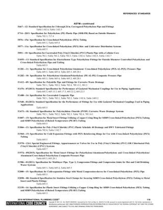 Copyright © 2017 ICC. ALL RIGHTS RESERVED. Accessed by Eric Fitch on May 15, 2018 8:17:14 AM pursuant to License Agreement with ICC. No further reproduction or
distribution authorized. ANY UNAUTHORIZED REPRODUCTION OR DISTRIBUTION IS A VIOLATION OF THE FEDERAL COPYRIGHT ACT AND THE LICENSE
AGREEMENT, AND SUBJECT TO CIVIL AND CRIMINAL PENALTIES THEREUNDER.
REFERENCED STANDARDS
ASTM—continued
F667—12: Standard Specification for 3 through 24 in. Corrugated Polyethylene Pipe and Fittings
Table 1102.4, Table 1102.5
F714—2013: Specification for Polyethylene (PE) Plastic Pipe (SDR-PR) Based on Outside Diameter
Table 702.3, 717.4
F876—15a: Specification for Cross-linked Polyethylene (PEX) Tubing
Table 605.3, Table 605.4
F877—11a: Specification for Cross-linked Polyethylene (PEX) Hot- and Cold-water Distribution Systems
Table 605.5
F891—10: Specification for Coextruded Poly (Vinyl Chloride) (PVC) Plastic Pipe with a Cellular Core
Table 702.1 Table 702.2, Table 702.3, Table 1102.4, Table 1102.5, Table 1102.7
F1055—13: Standard Specification for Electrofusion Type Polyethylene Fittings for Outside Diameter Controlled Polyethylene and
Cross-linked Polyethylene Pipe and Tubing
Table 605.5
F1281—11: Specification for Cross-linked Polyethylene/Aluminum/ Cross-linked Polyethylene (PEX-AL-PEX) Pressure Pipe
Table 605.3, Table 605.4, Table 605.5, 605.20.1
F1282—10: Specification for Polyethylene/Aluminum/Polyethylene (PE-AL-PE) Composite Pressure Pipe
Table 605.3, Table 605.4, Table 605.5, 605.20.1
F1412—09: Specification for Polyolefin Pipe and Fittings for Corrosive Waste Drainage
Table 702.1, Table 702.2, Table 702.4, 705.13.1, 901.3
F1476—07(2013): Standard Specification for Performance of Gasketed Mechanical Couplings for Use in Piping Applications
Table 605.5, 605.13.3, 605.17.3, 605.22.2, 605.22.3
F1488—14: Specification for Coextruded Composite Pipe
Table 702.1, Table 702.2, Table 702.3, Table 1102.4, Table 1403.2
F1548—01(2012): Standard Specification for the Performance of Fittings for Use with Gasketed Mechanical Couplings Used in Piping
Applications
Table 605.5
F1673—10: Standard Specification for Polyvinylidene Fluoride (PVDF) Corrosive Waste Drainage Systems
Table 702.1, Table 702.2, Table 702.3, Table 702.4, 705.14.1
F1807—15: Specification for Metal Insert Fittings Utilizing a Copper Crimp Ring for SDR9 Cross-linked Polyethylene (PEX) Tubing
and SDR9 Polyethylene of Raised Temperature (PE-RT) Tubing
Table 605.5
F1866—13: Specification for Poly (Vinyl Chloride) (PVC) Plastic Schedule 40 Drainage and DWV Fabricated Fittings
Table 702.4, Table 1102.7
F1960—15: Specification for Cold Expansion Fittings with PEX Reinforcing Rings for Use with Cross-linked Polyethylene (PEX)
Tubing
Table 605.5
F1970—12e1: Special Engineered Fittings, Appurtenances or Valves for Use in Poly (Vinyl Chloride) (PVC) OR Chlorinated Poly
(Vinyl Chloride) (CPVC) Systems
Table 605.7
F1974—09(2015): Specification for Metal Insert Fittings for Polyethylene/Aluminum/Polyethylene and Cross-linked Polyethylene/
Aluminum/Cross-linked Polyethylene Composite Pressure Pipe
Table 605.5, 605.20.1
F1986—01(2011): Specification for Multilayer Pipe, Type 2, Compression Fittings and Compression Joints for Hot and Cold Drinking
Water Systems
Table 605.3, Table 605.4, Table 605.5
F2080—15: Specifications for Cold-expansion Fittings with Metal Compression-sleeves for Cross-linked Polyethylene (PEX) Pipe
Table 605.5
F2098—08: Standard Specification for Stainless Steel Clamps for Securing SDR9 Cross-linked Polyethylene (PEX) Tubing to Metal
Insert and Plastic Fittings
Table 605.5
F2159—14: Specification for Plastic Insert Fittings Utilizing a Copper Crimp Ring for SDR9 Cross-linked Polyethylene (PEX) Tubing
and SDR9 Polyethylene of Raised Temperature (PE-RT) Tubing
Table 605.5
2018 INTERNATIONAL PLUMBING CODE® 119
 