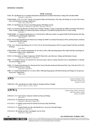 Copyright © 2017 ICC. ALL RIGHTS RESERVED. Accessed by Eric Fitch on May 15, 2018 8:17:14 AM pursuant to License Agreement with ICC. No further reproduction or
distribution authorized. ANY UNAUTHORIZED REPRODUCTION OR DISTRIBUTION IS A VIOLATION OF THE FEDERAL COPYRIGHT ACT AND THE LICENSE
AGREEMENT, AND SUBJECT TO CIVIL AND CRIMINAL PENALTIES THEREUNDER.
REFERENCED STANDARDS
ASTM—continued
F2262—09: Specification for Cross-linked Polyethylene/Aluminum/Cross-linked Polyethylene Tubing OD Controlled SDR9
Table 605.3, Table 605.4
F2306/F2306M—14e1: 12'' to 60'' Annular Corrugated Profile-wall Polyethylene (PE) Pipe and Fittings for Gravity Flow Storm
Sewer and Subsurface Drainage Applications
Table 1102.4, Table 1102.7
F2389—15: Specification for Pressure-rated Polypropylene (PP) Piping Systems
Table 605.3, Table 605.4, Table 605.5, Table 605.7, 605.19.1
F2434—14: Standard Specification for Plastic Insert Fittings Utilizing a Copper Crimp Ring for SDR9 Cross-linked Polyethylene
(PEX) Tubing and SDR9 Cross-linked Polyethylene/Aluminum/ Cross-linked Polyethylene (PEX AL-PEX) Tubing
Table 605.5
F2648/F2648M—13: Standard Specification for 2 to 60 inch [50 to 1500 mm] Annular Corrugated Profile Wall Polyethylene (PE) Pipe
and Fittings for Land Drainage Applications
Table 1102.4
F2735—09: Standard Specification for Plastic Insert Fittings for SDR9 Cross-linked Polyethylene (PEX) and Polyethylene of Raised
Temperature (PE-RT) Tubing
Table 605.5
F2736—13e1: Standard Specification for 6 to 30 in. [152 to 762 mm] Polypropylene (PP) Corrugated Single Wall Pipe and Double
Wall Pipe
Table 702.3
F2764/F2764M—11ae2: Standard Specification for 30 to 60 in. [750 to 1500 mm] Polypropylene (PP) Triple Wall Pipe and Fittings for
Non-pressure Sanitary Sewer Applications
Table 702.3
F2769—14: Polyethylene or Raised Temperature (PE-RT) Plastic Hot- and Cold-water Tubing and Distribution Systems
Table 605.3, Table 605.4, Table 605.5
F2831—12: Standard Practice for Internal Non Structural Epoxy Barrier Coating Material Used in Rehabilitation of Metallic
Pressurized Piping Systems
601.5
F2855—12: Standard Specification for Chlorinated Poly (Vinyl Chloride)/Aluminum/Chlorinated Poly (Vinyl Chloride) (CPVC/AL/
CPVC) Composite Pressure Tubing
Table 605.3, Table 605.4
F2881—11: Standard Specification for 12 to 60 in. [300 to 1500 mm] Polypropylene (PP) Dual Wall Pipe and Fittings for Non-pressure
Storm Sewer Applications
Table 1102.4
AWS American Welding Society
8669 NW 36 Street, #130
Miami, FL 33166
A5.8M/A5.8—2011: Specifications for Filler Metals for Brazing and Braze Welding
605.12.1, 605.13.1, 705.5.1, 705.6.1
AWWA American Water Works Association
6666 West Quincy Avenue
Denver, CO 80235
C104/A21.4—13: Cement-mortar Lining for Ductile-iron Pipe and Fittings
605.3, 605.5
C110/A21.10—12: Ductile-iron and Gray-iron Fittings
Table 605.5, Table 702.4, Table 1102.7
C111/A21.11—12: Rubber-gasket Joints for Ductile-iron Pressure Pipe and Fittings
605.11
C115/A21.15—11: Flanged Ductile-iron Pipe with Ductile-iron or Gray-iron Threaded Flanges
Table 605.3, Table 605.4
C151/A21.51—09: Ductile-iron Pipe, Centrifugally Cast for Water
Table 605.3, Table 605.4
120 2018 INTERNATIONAL PLUMBING CODE®
 