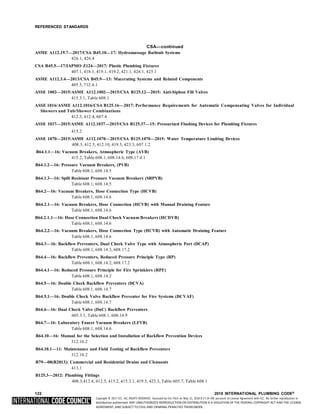 Copyright © 2017 ICC. ALL RIGHTS RESERVED. Accessed by Eric Fitch on May 15, 2018 8:17:14 AM pursuant to License Agreement with ICC. No further reproduction or
distribution authorized. ANY UNAUTHORIZED REPRODUCTION OR DISTRIBUTION IS A VIOLATION OF THE FEDERAL COPYRIGHT ACT AND THE LICENSE
AGREEMENT, AND SUBJECT TO CIVIL AND CRIMINAL PENALTIES THEREUNDER.
REFERENCED STANDARDS
CSA—continued
ASME A112.19.7—2017/CSA B45.10—17: Hydromassage Bathtub Systems
426.1, 426.4
CSA B45.5—17/IAPMO Z124—2017: Plastic Plumbing Fixtures
407.1, 418.1, 419.1, 419.2, 421.1, 424.1, 425.1
ASME A112.3.4—2013/CSA B45.9—13: Macerating Systems and Related Components
405.5, 712.4.1
ASSE 1002—2015/ASME A112.1002—2015/CSA B125.12—2015: Anti-Siphon Fill Valves
415.3.1, Table 608.1
ASSE 1016/ASME A112.1016/CSA B125.16—2017: Performance Requirements for Automatic Compensating Valves for Individual
Showers and Tub/Shower Combinations
412.3, 412.4, 607.4
ASSE 1037—2015/ASME A112.1037—2015/CSA B125.37—15: Pressurized Flushing Devices for Plumbing Fixtures
415.2
ASSE 1070—2015/ASME A112.1070—2015/CSA B125.1070—2015: Water Temperature Limiting Devices
408.3, 412.5, 412.10, 419.5, 423.3, 607.1.2
B64.1.1—16: Vacuum Breakers, Atmospheric Type (AVB)
415.2, Table 608.1, 608.14.6, 608.17.4.1
B64.1.2—16: Pressure Vacuum Breakers, (PVB)
Table 608.1, 608.14.5
B64.1.3—16: Spill Resistant Pressure Vacuum Breakers (SRPVB)
Table 608.1, 608.14.5
B64.2—16: Vacuum Breakers, Hose Connection Type (HCVB)
Table 608.1, 608.14.6
B64.2.1—16: Vacuum Breakers, Hose Connection (HCVB) with Manual Draining Feature
Table 608.1, 608.14.6
B64.2.1.1—16: Hose Connection Dual Check Vacuum Breakers (HCDVB)
Table 608.1, 608.14.6
B64.2.2—16: Vacuum Breakers, Hose Connection Type (HCVB) with Automatic Draining Feature
Table 608.1, 608.14.6
B64.3—16: Backflow Preventers, Dual Check Valve Type with Atmospheric Port (DCAP)
Table 608.1, 608.14.3, 608.17.2
B64.4—16: Backflow Preventers, Reduced Pressure Principle Type (RP)
Table 608.1, 608.14.2, 608.17.2
B64.4.1—16: Reduced Pressure Principle for Fire Sprinklers (RPF)
Table 608.1, 608.14.2
B64.5—16: Double Check Backflow Preventers (DCVA)
Table 608.1, 608.14.7
B64.5.1—16: Double Check Valve Backflow Preventer for Fire Systems (DCVAF)
Table 608.1, 608.14.7
B64.6—16: Dual Check Valve (DuC) Backflow Preventers
605.3.1, Table 608.1, 608.14.9
B64.7—16: Laboratory Faucet Vacuum Breakers (LFVB)
Table 608.1, 608.14.6
B64.10—16: Manual for the Selection and Installation of Backflow Prevention Devices
312.10.2
B64.10.1—11: Maintenance and Field Testing of Backflow Preventers
312.10.2
B79—08(R2013): Commercial and Residential Drains and Cleanouts
413.1
B125.3—2012: Plumbing Fittings
408.3,412.4, 412.5, 415.2, 415.3.1, 419.5, 423.3, Table 605.7, Table 608.1
122 2018 INTERNATIONAL PLUMBING CODE®
 