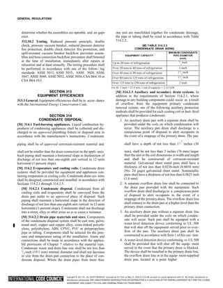 Copyright © 2017 ICC. ALL RIGHTS RESERVED. Accessed by Eric Fitch on May 15, 2018 8:17:14 AM pursuant to License Agreement with ICC. No further reproduction or
distribution authorized. ANY UNAUTHORIZED REPRODUCTION OR DISTRIBUTION IS A VIOLATION OF THE FEDERAL COPYRIGHT ACT AND THE LICENSE
AGREEMENT, AND SUBJECT TO CIVIL AND CRIMINAL PENALTIES THEREUNDER.
4
GENERAL REGULATIONS
determine whether the assemblies are operable and air gaps
exist.
312.10.2 Testing. Reduced pressure principle, double
check, pressure vacuum breaker, reduced pressure detector
fire protection, double check detector fire protection, and
spill-resistant vacuum breaker backflow preventer assem-
blies and hose connection backflow preventers shall betested
at the time of installation, immediately after repairs or
relocation and at least annually. The testing procedure shall
be performed in accordance with one of the follow- ing
standards: ASSE 5013, ASSE 5015, ASSE 5020, ASSE
5047, ASSE 5048, ASSE 5052, ASSE 5056, CSA B64.10 or
CSA B64.10.1.
SECTION 313
EQUIPMENT EFFICIENCIES
313.1 General. Equipment efficiencies shall be in accor- dance
with the International Energy Conservation Code.
SECTION 314
CONDENSATE DISPOSAL
[M] 314.1 Fuel-burning appliances. Liquid combustion by-
products of condensing appliances shall be collected and dis-
charged to an approved plumbing fixture or disposal area in
accordance with the manufacturer’s instructions. Condensate
one unit are manifolded together for condensate drainage,
the pipe or tubing shall be sized in accordance with Table
314.2.2.
[M] TABLE 314.2.2
CONDENSATE DRAIN SIZING
EQUIPMENT CAPACITY
MINIMUM CONDENSATE
PIPE DIAMETER
(inch)
Up to 20 tons of refrigeration
3
/ inch
4
Over 20 tons to 40 tons of refrigeration 1 inch
Over 40 tons to 90 tons of refrigeration 11
/ inch
4
Over 90 tons to 125 tons of refrigeration 11
/ inch
2
Over 125 tons to 250 tons of refrigeration 2 inch
For SI: 1 inch = 25.4 mm, 1 ton of capacity = 3.517 kW.
[M] 314.2.3 Auxiliary and secondary drain systems. In
addition to the requirements of Section 314.2.1, where
damage to any building components could occur as a result
of overflow from the equipment primary condensate
removal system, one of the following auxiliary protection
methods shall be provided for each cooling coil or fuel- fired
appliance that produces condensate:
1. An auxiliary drain pan with a separate drain shall be
provided under the coils on which condensation will
occur. The auxiliary pan drain shall discharge to a
conspicuous point of disposal to alert occupants in
the event of a stoppage of the primary drain. The pan
piping shall be of approved corrosion-resistant material and shall have a depth of not less than 11
/ inches (38
shall not be smaller than the drain connection on the appli- ance.
Such piping shall maintain a horizontal slope in thedirection of
discharge of not less than one-eighth unit vertical in 12 units
horizontal (1-percent slope).
[M] 314.2 Evaporators and cooling coils. Condensate drain
systems shall be provided for equipment and appliances con-
taining evaporators or cooling coils. Condensate drain sys- tems
shall be designed, constructed and installed in accordance with
Sections 314.2.1 through 314.2.5.
[M] 314.2.1 Condensate disposal. Condensate from all
cooling coils and evaporators shall be conveyed from the
drain pan outlet to an approved place of disposal. Such
piping shall maintain a horizontal slope in the direction of
discharge of not less than one-eighth unit vertical in 12 units
horizontal (1-percent slope). Condensate shall not discharge
into a street, alley or other areas so as to cause a nuisance.
[M] 314.2.2 Drain pipe materials and sizes. Components
of the condensate disposal system shall be cast iron, galva-
nized steel, copper and copper alloy, cross-linked polyeth-
ylene, polyethylene, ABS, CPVC, PVC or polypropylene
pipe or tubing. Components shall be selected for the pres-
sure and temperature rating of the installation. Joints and
connections shall be made in accordance with the applica-
ble provisions of Chapter 7 relative to the material type.
Condensate waste and drain line size shall be not less than
3
/ -inch (19.1 mm) internal diameter and shall not decrease
in size from the drain pan connection to the place of con-
densate disposal. Where the drain pipes from more than
mm), shall be not less than 3 inches (76 mm) larger
than the unit or the coil dimensions in width and length
and shall be constructed of corrosion-resistant
material. Galvanized sheet metal pans shall have a
thickness of not less than 0.0236-inch (0.6010 mm)
(No. 24 gage) galvanized sheet metal. Nonmetallic
pans shall have a thickness of not less than 0.0625 inch
(1.6 mm).
2. A separate overflow drain line shall be connected to
the drain pan provided with the equipment. Such
overflow drain shall discharge to a conspicuous point
of disposal to alert occupants in the event of a
stoppage of the primary drain. The overflow drain line
shall connect to the drain pan at a higher level than the
primary drain connection.
3. An auxiliary drain pan without a separate drain line
shall be provided under the coils on which conden-
sate will occur. Such pan shall be equipped with a
water-level detection device conforming to UL 508
that will shut off the equipment served prior to over-
flow of the pan. The auxiliary drain pan shall be
constructed in accordance with Item 1 of this sec- tion.
4. A water-level detection device conforming to UL 508
shall be provided that will shut off the equip- ment
served in the event that the primary drain is blocked.
The device shall be installed in the primary drain line,
the overflow drain line or in the equip- ment-supplied
drain pan, located at a point higher
2
 
