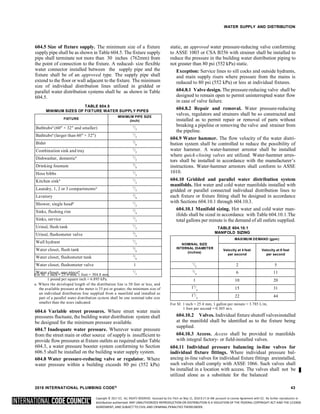 Copyright © 2017 ICC. ALL RIGHTS RESERVED. Accessed by Eric Fitch on May 15, 2018 8:17:14 AM pursuant to License Agreement with ICC. No further reproduction or
distribution authorized. ANY UNAUTHORIZED REPRODUCTION OR DISTRIBUTION IS A VIOLATION OF THE FEDERAL COPYRIGHT ACT AND THE LICENSE
AGREEMENT, AND SUBJECT TO CIVIL AND CRIMINAL PENALTIES THEREUNDER.
WATER SUPPLY AND DISTRIBUTION
604.5 Size of fixture supply. The minimum size of a fixture
supplypipe shall be as shown in Table 604.5. The fixture supply
pipe shall terminate not more than 30 inches (762mm) from
the point of connection to the fixture. A reduced- size flexible
water connector installed between the supply pipe and the
fixture shall be of an approved type. The supply pipe shall
extend to the floor or wall adjacent to the fixture. The minimum
size of individual distribution lines utilized in gridded or
parallel water distribution systems shall be as shown in Table
604.5.
TABLE 604.5
MINIMUM SIZES OF FIXTURE WATER SUPPLY PIPES
static, an approved water pressure-reducing valve conforming
to ASSE 1003 or CSA B356 with strainer shall be installed to
reduce the pressure in the building water distribution piping to
not greater than 80 psi (552 kPa) static.
Exception: Service lines to sill cocks and outside hydrants,
and main supply risers where pressure from the mains is
reduced to 80 psi (552 kPa) or less at individual fixtures.
604.8.1 Valve design. The pressure-reducing valve shall be
designed to remain open to permit uninterrupted water flow
in case of valve failure.
604.8.2 Repair and removal. Water pressure-reducing
valves, regulators and strainers shall be so constructed and
installed as to permit repair or removal of parts without
breaking a pipeline or removing the valve and strainer from
the pipeline.
604.9 Water hammer. The flow velocity of the water distri-
bution system shall be controlled to reduce the possibility of
water hammer. A water-hammer arrestor shall be installed
where quick-closing valves are utilized. Water-hammer arres-
tors shall be installed in accordance with the manufacturer’s
instructions. Water-hammer arrestors shall conform to ASSE
1010.
604.10 Gridded and parallel water distribution system
manifolds. Hot water and cold water manifolds installed with
gridded or parallel connected individual distribution lines to
each fixture or fixture fitting shall be designed in accordance
with Sections 604.10.1 through 604.10.3.
604.10.1 Manifold sizing. Hot water and cold water man-
ifolds shall be sized in accordance with Table 604.10.1.The
total gallons per minute is the demand of all outlets supplied.
TABLE 604.10.1
MANIFOLD SIZING
For SI: 1 inch = 25.4 mm, 1 foot = 304.8 mm,
1 pound per square inch = 6.895 kPa.
a. Where the developed length of the distribution line is 50 feet or less, and
the available pressure at the meter is 35 psi or greater, the minimum size of
an individual distribution line supplied from a manifold and installed as
part of a parallel water distribution system shall be one nominal tube size
smaller than the sizes indicated.
604.6 Variable street pressures. Where street water main
pressures fluctuate, the building water distribution system shall
be designed for the minimum pressure available.
604.7 Inadequate water pressure. Wherever water pressure
from the street main or other source of supply is insufficient to
provide flow pressures at fixture outlets as required under Table
604.3, a water pressure booster system conforming to Section
606.5 shall be installed on the building water supply system.
604.8 Water pressure-reducing valve or regulator. Where
water pressure within a building exceeds 80 psi (552 kPa)
For SI: 1 inch = 25.4 mm, 1 gallon per minute = 3.785 L/m,
1 foot per second = 0.305 m/s.
604.10.2 Valves. Individual fixture shutoff valvesinstalled
at the manifold shall be identified as to the fixture being
supplied.
604.10.3 Access. Access shall be provided to manifolds
with integral factory- or field-installed valves.
604.11 Individual pressure balancing in-line valves for
individual fixture fittings. Where individual pressure bal-
ancing in-line valves for individual fixture fittings areinstalled,
such valves shall comply with ASSE 1066. Such valves shall
be installed in a location with access. The valves shall not be
utilized alone as a substitute for the balanced
2018 INTERNATIONAL PLUMBING CODE® 43
FIXTURE
MINIMUM PIPE SIZE
(inch)
Bathtubsa
(60 × 32 and smaller) 1
/2
Bathtubsa
(larger than 60 × 32) 1
/2
Bidet 3
/8
Combination sink and tray 1
/2
Dishwasher, domestica 1
/2
Drinking fountain 3
/8
Hose bibbs 1
/2
Kitchen sinka 1
/2
Laundry, 1, 2 or 3 compartmentsa 1
/2
Lavatory 3
/8
Shower, single heada 1
/2
Sinks, flushing rim 3
/4
Sinks, service 1
/2
Urinal, flush tank 1
/2
Urinal, flushometer valve 3
/4
Wall hydrant 1
/2
Water closet, flush tank 3
/8
Water closet, flushometer tank 3
/8
Water closet, flushometer valve 1
Water closet, one piecea 1
/2
NOMINAL SIZE
INTERNAL DIAMETER
(inches)
MAXIMUM DEMAND (gpm)
Velocity at 4 feet
per second
Velocity at 8 feet
per second
1
/2 2 5
3
/4 6 11
1 10 20
11
/
4
15 31
11
/
2
22 44
 