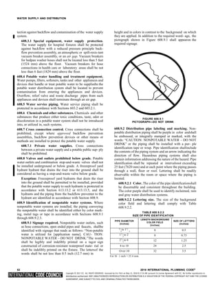 Copyright © 2017 ICC. ALL RIGHTS RESERVED. Accessed by Eric Fitch on May 15, 2018 8:17:14 AM pursuant to License Agreement with ICC. No further reproduction or
distribution authorized. ANY UNAUTHORIZED REPRODUCTION OR DISTRIBUTION IS A VIOLATION OF THE FEDERAL COPYRIGHT ACT AND THE LICENSE
AGREEMENT, AND SUBJECT TO CIVIL AND CRIMINAL PENALTIES THEREUNDER.
WATER SUPPLY AND DISTRIBUTION
tection against backflow and contamination of the water supply
system.
608.3.1 Special equipment, water supply protection.
The water supply for hospital fixtures shall be protected
against backflow with a reduced pressure principle back-
flow prevention assembly, an atmospheric or spill-resis-tant
vacuum breaker assembly, or an air gap. Vacuum breakers
for bedpan washer hoses shall not be located less than 5 feet
(1524 mm) above the floor. Vacuum breakers for hose
connections in health care or laboratory areas shall be not
less than 6 feet (1829 mm) above the floor.
608.4 Potable water handling and treatment equipment.
Water pumps, filters, softeners, tanks and other appliances and
devices that handle or treat potable water to be suppliedto the
potable water distribution system shall be located to prevent
contamination from entering the appliances and devices.
Overflow, relief valve and waste discharge pipes from such
appliances and devices shall terminate through an air gap.
608.5 Water service piping. Water service piping shall be
protected in accordance with Sections 603.2 and 603.2.1.
608.6 Chemicals and other substances. Chemicals and other
substances that produce either toxic conditions, taste, odor or
discoloration in a potable water system shall not be introduced
into, or utilized in, such systems.
608.7 Cross connection control. Cross connections shall be
prohibited, except where approved backflow prevention
assemblies, backflow prevention devices or other means or
methods are installed to protect the potable water supply.
608.7.1 Private water supplies. Cross connections
between a private water supply and a potable public sup- ply
shall be prohibited.
608.8 Valves and outlets prohibited below grade. Potable
water outlets and combination stop-and-waste valves shall not
be installed underground or below grade. A freezeproof yard
hydrant hydrant that drains the riser into the ground shall be
considered as having a stop-and-waste valve below grade.
Exception: Freezeproof yard hydrants that drain the riser
into the ground shall be permitted to be installed, provided
that the potable water supply to such hydrants is protected in
accordance with Section 613.13.2 or 613.13.5, and the
hydrants and the piping from the backflow preventer to the
hydrant are identified in accordance with Section 608.9.
608.9 Identification of nonpotable water systems. Where
nonpotable water systems are installed, the piping conveying
the nonpotable water shall be identified either by color mark-
ing, metal tags or tape in accordance with Sections 608.9.1
through 608.9.2.3.
608.9.1 Signage required. Nonpotable water outlets, such
as hose connections, open ended pipes and faucets, shallbe
identified with signage that reads as follows: “Non-potable
water is utilized for [application name]. CAU- TION:
NONPOTABLE WATER – DO NOT DRINK.”The words
shall be legibly and indelibly printed on a tagor sign
constructed of corrosion-resistant waterproof mate- rial or
shall be indelibly printed on the fixture. The lettersof the
words shall be not less than 0.5 inch (12.7 mm) in
height and in colors in contrast to the background on which
they are applied. In addition to the required word- age, the
pictograph shown in Figure 608.9.1 shall appearon the
required signage.
FIGURE 608.9.1
PICTOGRAPH—DO NOT DRINK
608.9.2 Distribution pipe labeling and marking. Non-
potable distribution piping shall be purple in color andshall
be embossed, or integrally stamped or marked, with the
words: “CAUTION: NONPOTABLE WATER – DO NOT
DRINK” or the piping shall be installed with a pur- ple
identification tape or wrap. Pipe identification shallinclude
the contents of the piping system and an arrow indicating the
direction of flow. Hazardous piping systems shall also
contain information addressing the nature of the hazard. Pipe
identification shall be repeated at intervalsnot exceeding
25 feet (7620 mm) and at each point where the piping passes
through a wall, floor or roof. Lettering shall be readily
observable within the room or space where the piping is
located.
608.9.2.1 Color. The color of the pipe identificationshall
be discernable and consistent throughout the building.
The color purple shall be used to identify reclaimed, rain
and gray water distribution systems.
608.9.2.2 Lettering size. The size of the background
color field and lettering shall comply with Table
608.9.2.2.
TABLE 608.9.2.2
SIZE OF PIPE IDENTIFICATION
PIPE DIAMETER
(inches)
LENGTH BACKGROUND
COLOR FIELD
(inches)
SIZE OF LETTERS
(inches)
3
/ to 11
/
4 4 8 0.5
11
/ to 2
2
8 0.75
21
/ to 6
2 12 1.25
8 to 10 24 2.5
Over 10 32 3.5
For SI 1 inch = 25.4 mm.
52 2018 INTERNATIONAL PLUMBING CODE®
 