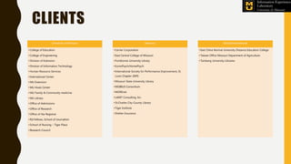 CLIENTS
University of Missouri
• College of Education
• College of Engineering
• Division of Extension
• Division of Information Technology
• Human Resource Services
• International Center
• MU Extension
• MU Hook Center
• MU Family & Community medicine
• MU Library
• Office of Admissions
• Office of Research
• Office of the Registrar
• RJI Fellows, School of Journalism
• School of Nursing – Tiger Place
• Research Council
Missouri
• Cerner Corporation
• East Central College of Missouri
• Fontbonne University Library
• IconoPsych/HomePsych
• International Society for Performance Improvement, St.
Louis Chapter (ISPI)
• Missouri State University Library
• MOBIUS Consortium
• MOREnet
• LANIT Consulting, Inc.
• St.Charles City-County Library
• Tiger Institute
• Shelter Insurance
Global/International
• East China Normal University Distance Education College
• Taiwan Office Missouri Department of Agriculture
• Tamkang University Libraries
 