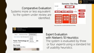 Comparative Evaluation
Systems more or less equivalent
to the system under review are
identified.
Expert Evaluation
with Nielsen’s 10 Heuristics
The system is evaluated by three
or four experts using a standard list
of usability heuristics.
https://www.flickr.com/photos/kentbye/1555744482
 