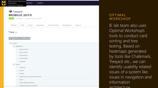 O P T I M A L
W O R K S H O P
IE lab team also uses
Optimal Workshop’s
tools to conduct card
sorting and tree
testing. Based on
heatmaps generated
by tools like Chalkmark,
Treejack etc., we can
identify usability related
issues of a system like
issues in navigation and
information
 