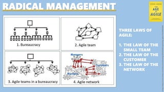 RADICAL MANAGEMENT
THREE LAWS OF
AGILE:
1. THE LAW OF THE
SMALL TEAM
2. THE LAW OF THE
CUSTOMER
3. THE LAW OF THE
NETWORK
Image:https://www.forbes.com/sites/stevedenning/2016/09/08/explaining-agile/#16e29d81301b
 