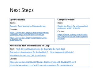 Next Steps
Cyber Security
Books:
Computer Vision
Book:Books:
Security Engineering by Ross Anderson
Courses:
Book:
Mastering Open CV with practical
computer vision projects
https://www.edx.org/course/introduction-
cybersecurity-uwashingtonx-cyb001x
https://www.edx.org/micromasters/ritx-
Course:
https://www.udemy.com/hands-
on-computer-vision-with-opencv-
python/https://www.edx.org/micromasters/ritx
cybersecurity
Automated Test and Hardware in Loop
python/
Automated Test and Hardware in Loop
Book: ‘Test Driven Development: By Example’ By Kent Beck
Test driven development for Embedded C : http://cpputest.github.io/
Hardware-in-the-Loop (HIL) Simulation
Course:
h // d / /d i i f d 200 5 0https://www.edx.org/course/devops-testing-microsoft-devops200-5x-0
https://www.udemy.com/test-driven-development-for-professionals/
 