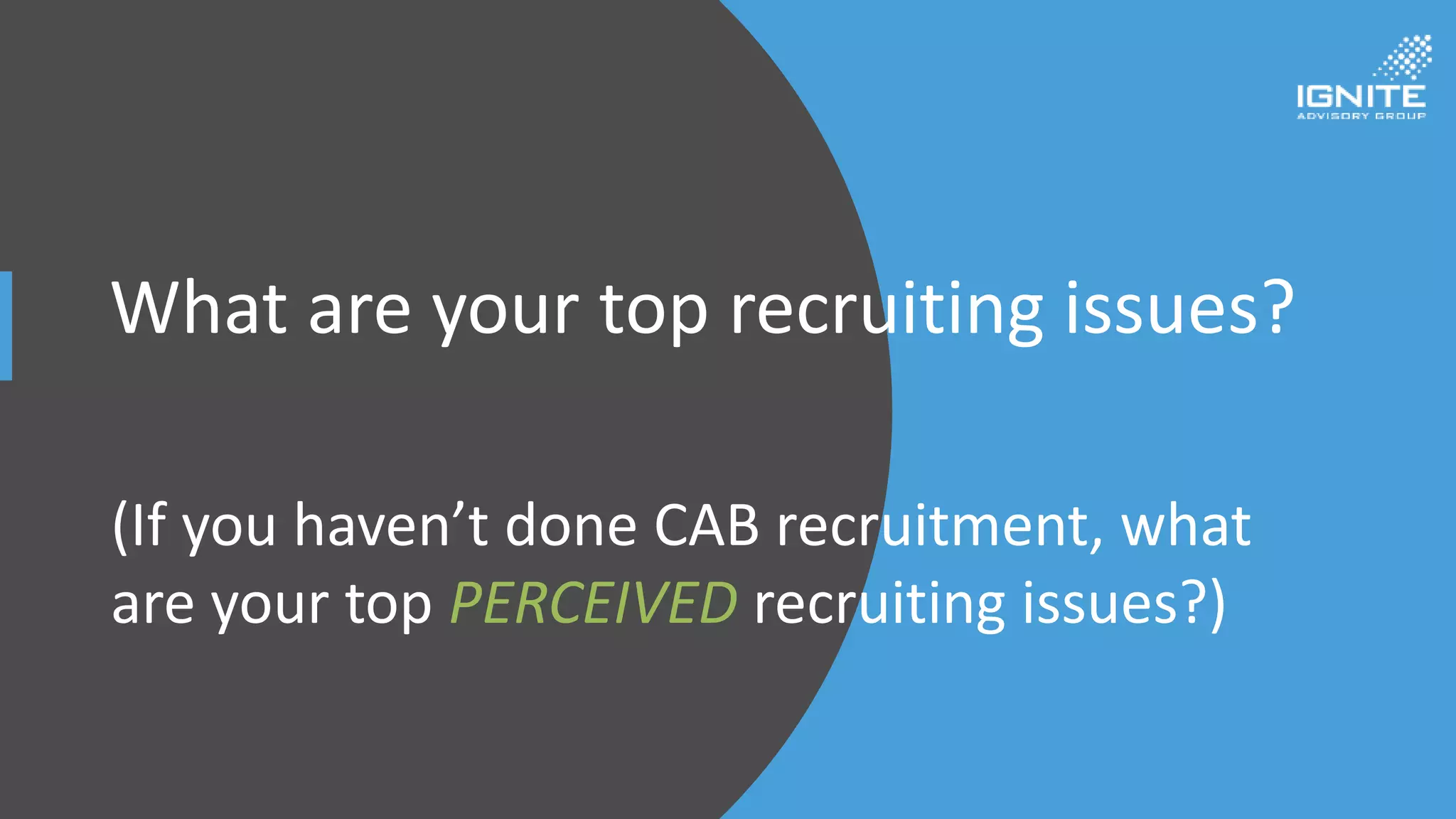 What are your top recruiting issues?
(If you haven’t done CAB recruitment, what
are your top PERCEIVED recruiting issues?)
 