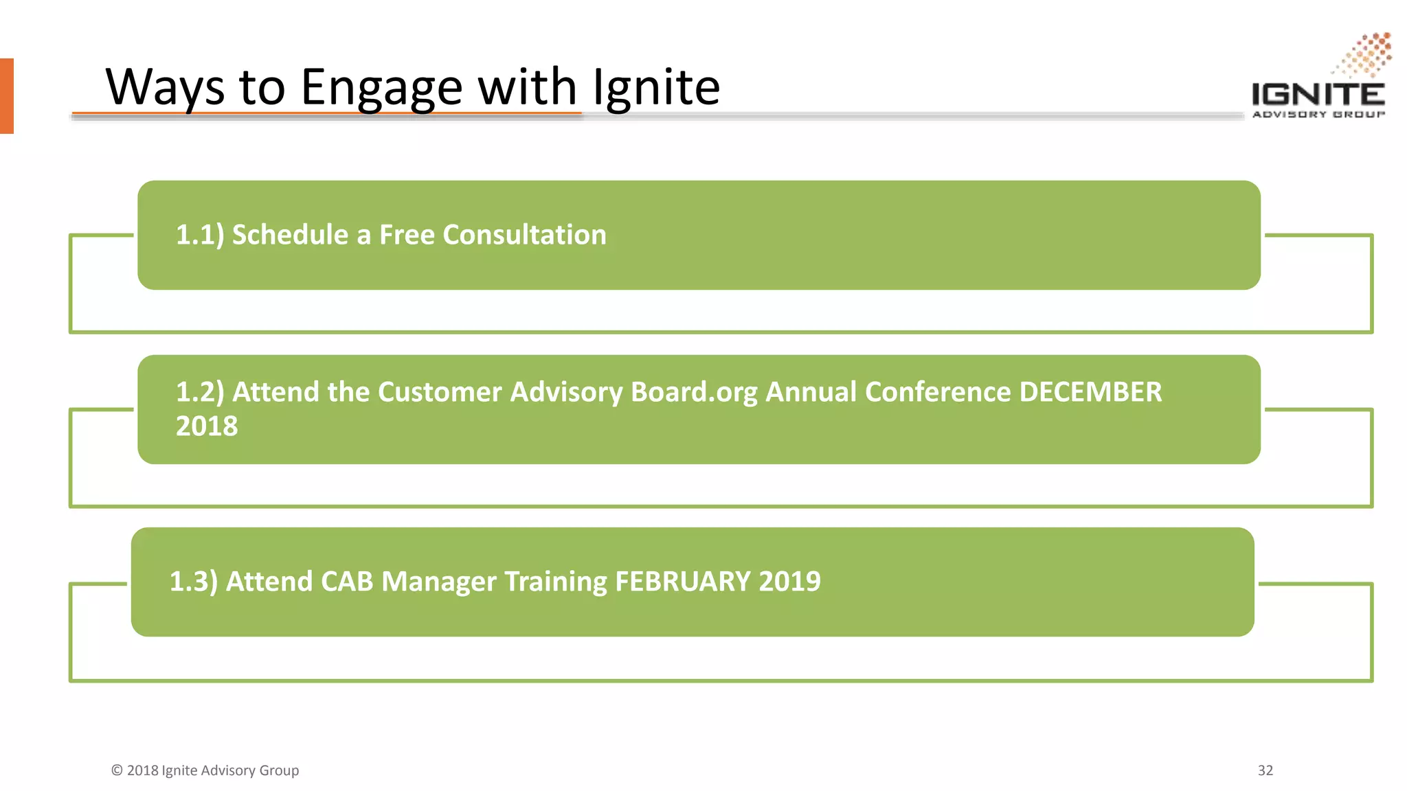 © 2018 Ignite Advisory Group 32
Ways to Engage with Ignite
1.1) Schedule a Free Consultation
1.2) Attend the Customer Advisory Board.org Annual Conference DECEMBER
2018
1.3) Attend CAB Manager Training FEBRUARY 2019
 
