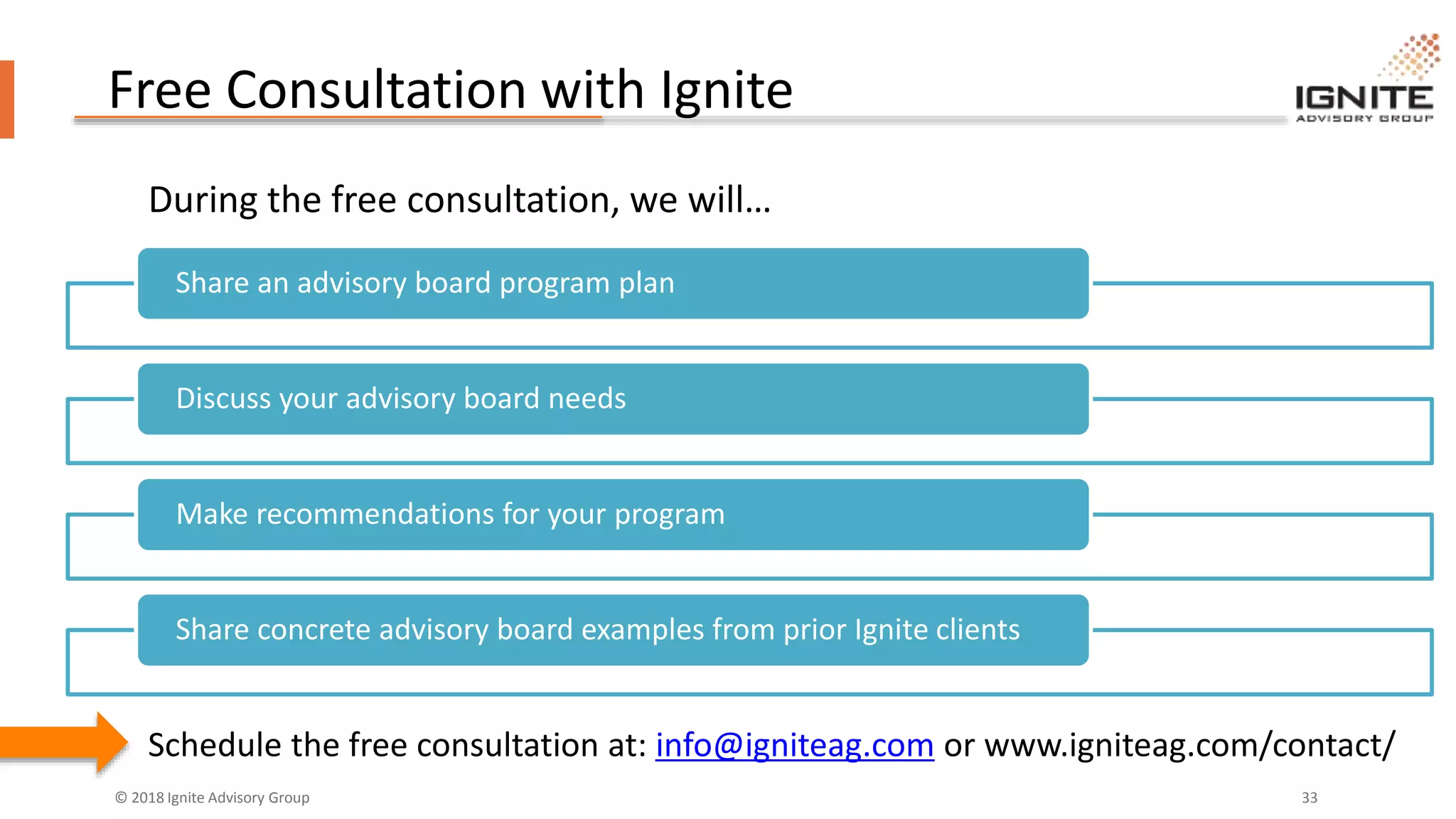 © 2018 Ignite Advisory Group 33
Free Consultation with Ignite
Share an advisory board program plan
Discuss your advisory board needs
Make recommendations for your program
Share concrete advisory board examples from prior Ignite clients
During the free consultation, we will…
Schedule the free consultation at: info@igniteag.com or www.igniteag.com/contact/
 