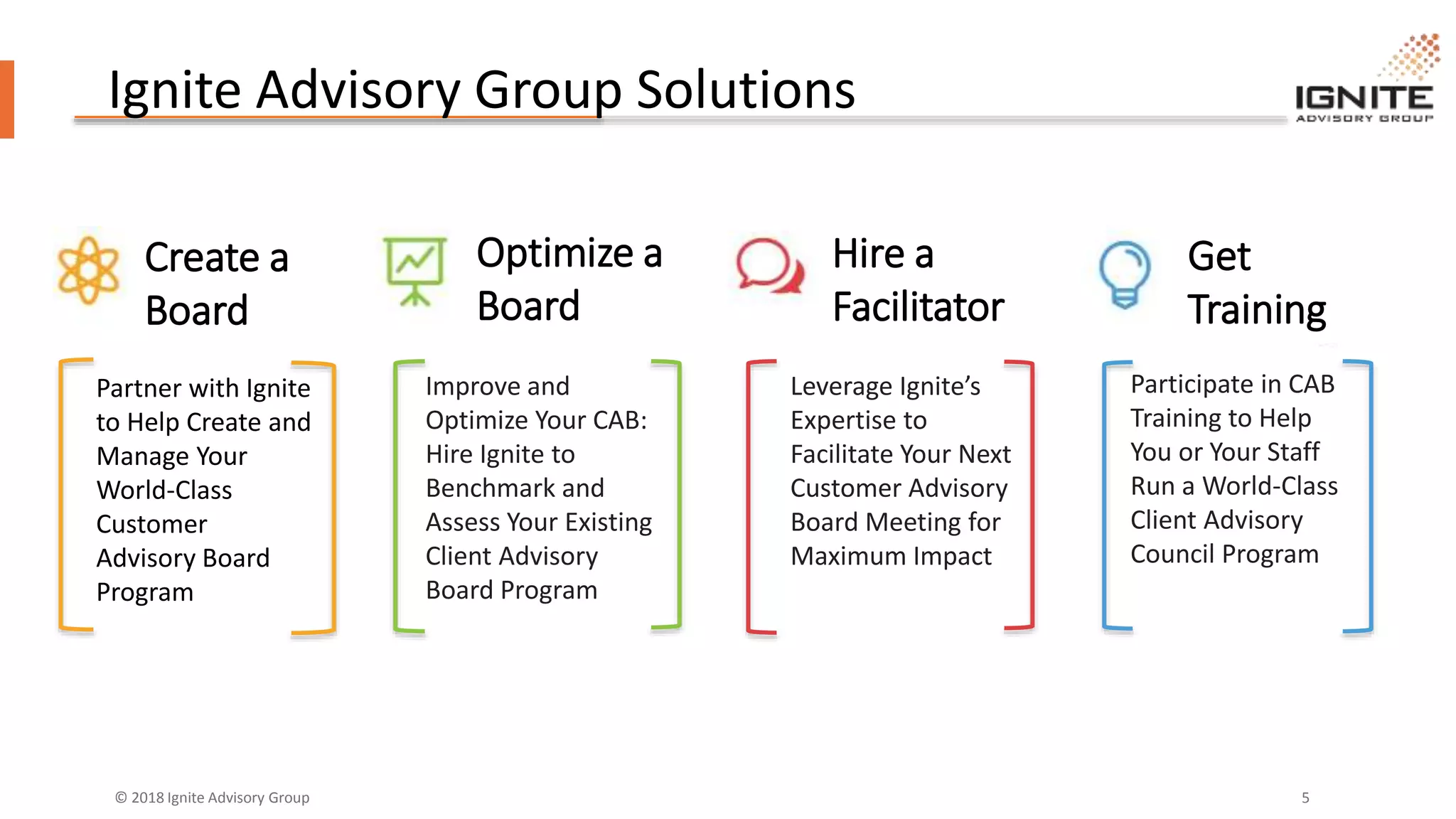 © 2018 Ignite Advisory Group 5
Ignite Advisory Group Solutions
Partner with Ignite
to Help Create and
Manage Your
World-Class
Customer
Advisory Board
Program
Create a
Board
Improve and
Optimize Your CAB:
Hire Ignite to
Benchmark and
Assess Your Existing
Client Advisory
Board Program
Optimize a
Board
Leverage Ignite’s
Expertise to
Facilitate Your Next
Customer Advisory
Board Meeting for
Maximum Impact
Hire a
Facilitator
Participate in CAB
Training to Help
You or Your Staff
Run a World-Class
Client Advisory
Council Program
Get
Training
 