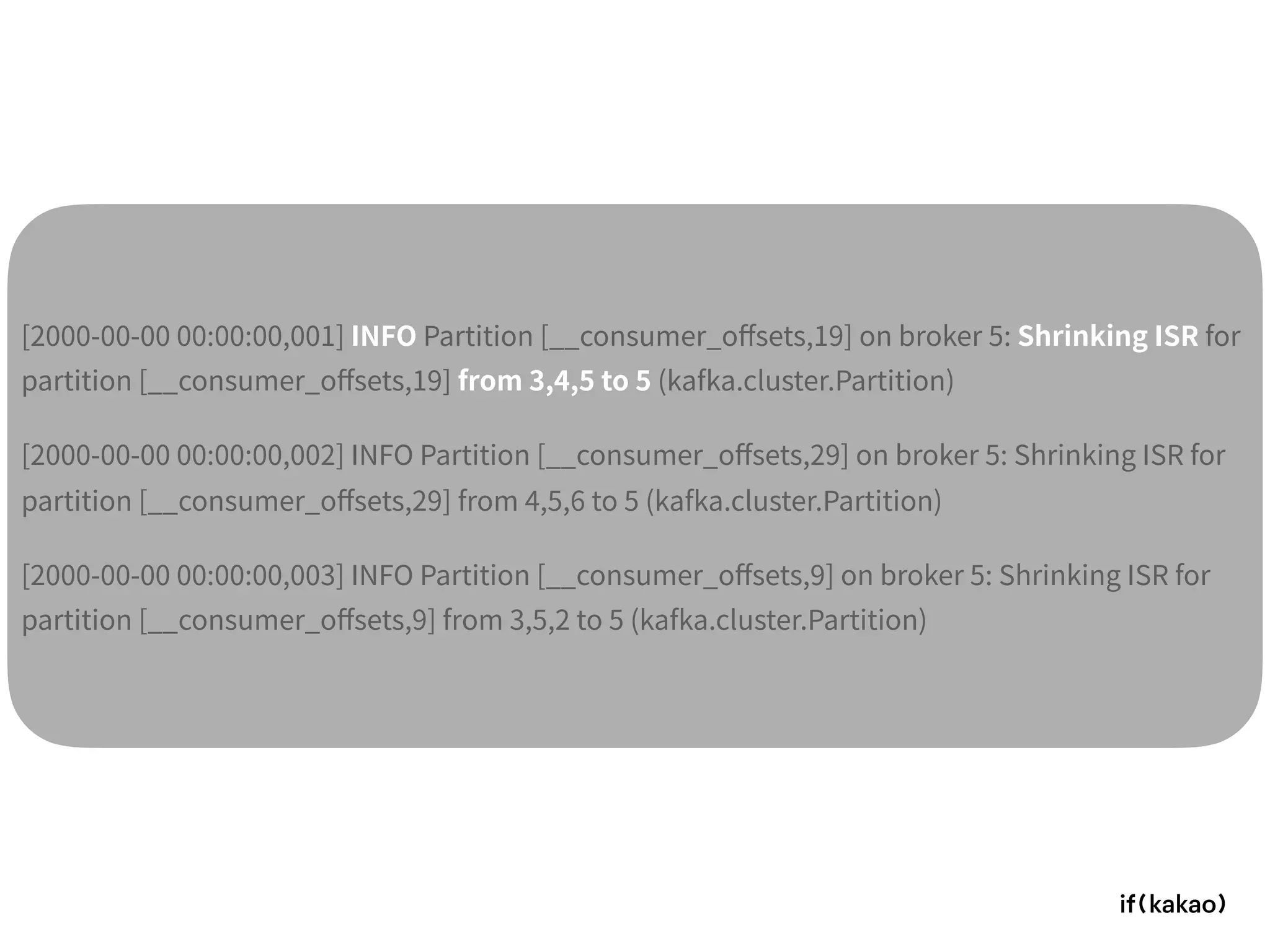 [2000-00-00 00:00:00,001] INFO Partition [__consumer_oﬀsets,19] on broker 5: Shrinking ISR for
partition [__consumer_oﬀsets,19] from 3,4,5 to 5 (kafka.cluster.Partition)
[2000-00-00 00:00:00,002] INFO Partition [__consumer_oﬀsets,29] on broker 5: Shrinking ISR for
partition [__consumer_oﬀsets,29] from 4,5,6 to 5 (kafka.cluster.Partition)
[2000-00-00 00:00:00,003] INFO Partition [__consumer_oﬀsets,9] on broker 5: Shrinking ISR for
partition [__consumer_oﬀsets,9] from 3,5,2 to 5 (kafka.cluster.Partition)
 