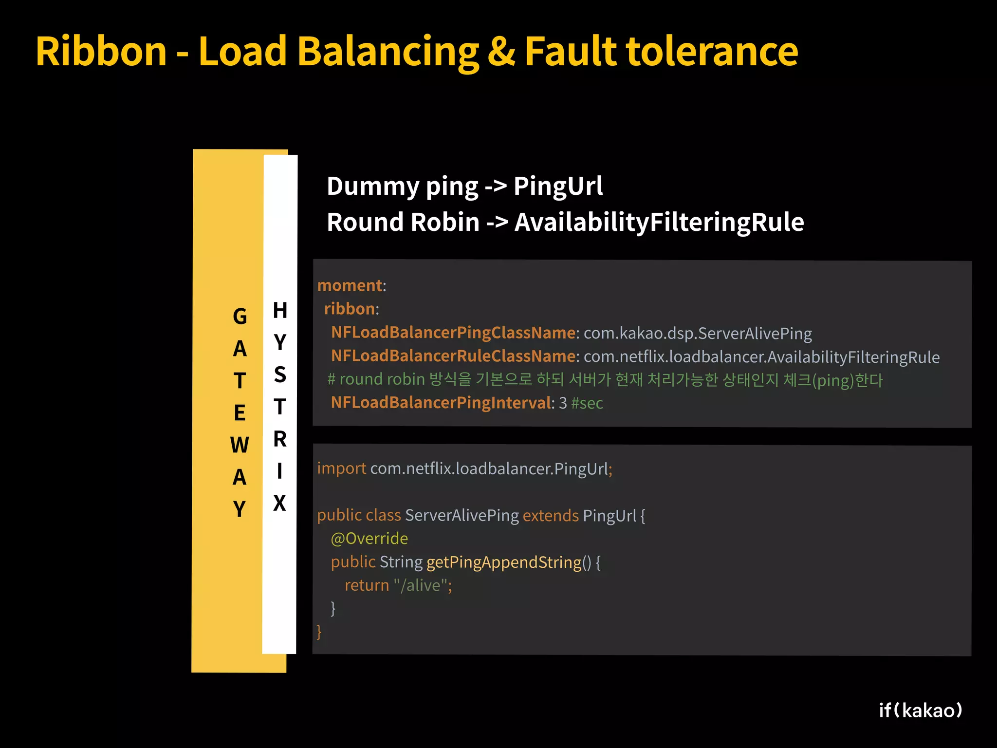 G 
A
T
E
W
A
Y
Ribbon - Load Balancing & Fault tolerance
H
Y
S
T
R
I
X
moment:
ribbon:
NFLoadBalancerPingClassName: com.kakao.dsp.ServerAlivePing
NFLoadBalancerRuleClassName: com.netﬂix.loadbalancer.AvailabilityFilteringRule
# round robin 방식을 기본으로 하되 서버가 현재 처리가능한 상태인지 체크(ping)한다
NFLoadBalancerPingInterval: 3 #sec
import com.netﬂix.loadbalancer.PingUrl;
public class ServerAlivePing extends PingUrl {
@Override
public String getPingAppendString() {
return "/alive";
}
}
Dummy ping -> PingUrl
Round Robin -> AvailabilityFilteringRule
 