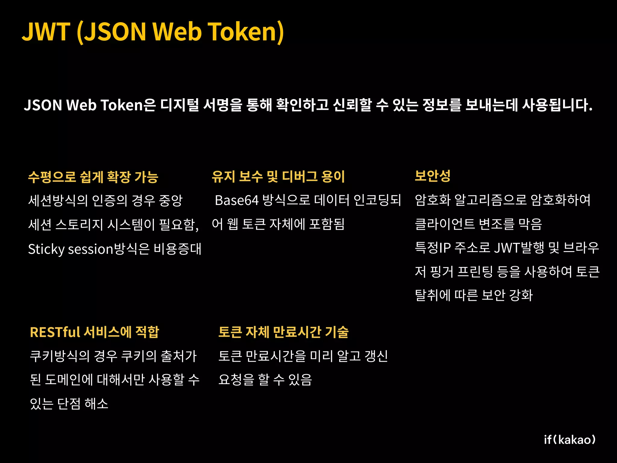 JWT (JSON Web Token)
수평으로 쉽게 확장 가능
세션방식의 인증의 경우 중앙  
세션 스토리지 시스템이 필요함,
Sticky session방식은 비용증대
유지 보수 및 디버그 용이
Base64 방식으로 데이터 인코딩되
어 웹 토큰 자체에 포함됨
RESTful 서비스에 적합
쿠키방식의 경우 쿠키의 출처가
된 도메인에 대해서만 사용할 수
있는 단점 해소
보안성
암호화 알고리즘으로 암호화하여  
클라이언트 변조를 막음
특정IP 주소로 JWT발행 및 브라우
저 핑거 프린팅 등을 사용하여 토큰
탈취에 따른 보안 강화
토큰 자체 만료시간 기술
토큰 만료시간을 미리 알고 갱신
요청을 할 수 있음
JSON Web Token은 디지털 서명을 통해 확인하고 신뢰할 수 있는 정보를 보내는데 사용됩니다.
 