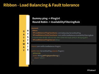 G 
A
T
E
W
A
Y
Ribbon - Load Balancing & Fault tolerance
H
Y
S
T
R
I
X
moment:
ribbon:
NFLoadBalancerPingClassName: com.kakao.dsp.ServerAlivePing
NFLoadBalancerRuleClassName: com.netﬂix.loadbalancer.AvailabilityFilteringRule
# round robin 방식을 기본으로 하되 서버가 현재 처리가능한 상태인지 체크(ping)한다
NFLoadBalancerPingInterval: 3 #sec
import com.netﬂix.loadbalancer.PingUrl;
public class ServerAlivePing extends PingUrl {
@Override
public String getPingAppendString() {
return "/alive";
}
}
Dummy ping -> PingUrl
Round Robin -> AvailabilityFilteringRule
 