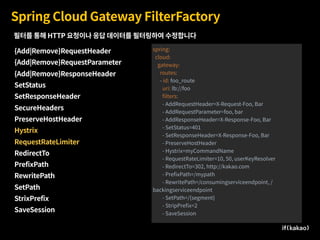 Spring Cloud Gateway FilterFactory
{Add|Remove}RequestHeader
{Add|Remove}RequestParameter
{Add|Remove}ResponseHeader
SetStatus
SetResponseHeader
SecureHeaders
PreserveHostHeader
Hystrix
RequestRateLimiter
RedirectTo
PrefixPath
RewritePath
SetPath
StrixPrefix
SaveSession
spring:
cloud:
gateway:
routes:
- id: foo_route
uri: lb://foo
ﬁlters:
- AddRequestHeader=X-Request-Foo, Bar
- AddRequestParameter=foo, bar
- AddResponseHeader=X-Response-Foo, Bar
- SetStatus=401
- SetResponseHeader=X-Response-Foo, Bar
- PreserveHostHeader
- Hystrix=myCommandName
- RequestRateLimiter=10, 50, userKeyResolver
- RedirectTo=302, http://kakao.com
- PreﬁxPath=/mypath
- RewritePath=/consumingserviceendpoint, /
backingserviceendpoint
- SetPath=/{segment}
- StripPreﬁx=2
- SaveSession
필터를 통해 HTTP 요청이나 응답 데이터를 필터링하여 수정합니다
 