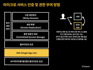 마이크로 서비스 인증 및 권한 부여 방법
분산
세션
관리
고정 세션관리 
(Sticky Session)
클라이언트 토큰
SSO (Single Sign-On)
API게이트웨이를 통한 클라이언트 토큰
서버
SSO 
서버
사용자는 한번 로그인 하면 다른 여러 시스템에
추가 인증프로세스 없이 접근 가능
유저가 접근시마다 SSO 서버와 상호 작용 필요
인증을 위한 반복적인 네트워크 트래픽을 사용
세션 복제 
(Session Replication)
중앙 집중식 세션 
(Centralized Session Storage)
 