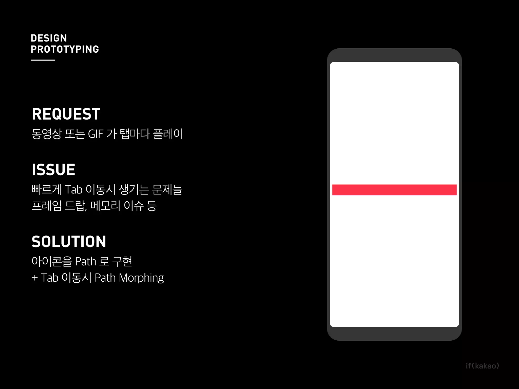 REQUEST
동영상 또는 GIF 가 탭마다 플레이
ISSUE
빠르게 Tab 이동시 생기는 문제들
프레임 드랍, 메모리 이슈 등
SOLUTION
아이콘을 Path 로 구현
+ Tab 이동시 Path Morphing
DESIGN
PROTOTYPING
 