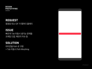 REQUEST
동영상 또는 GIF 가 탭마다 플레이
ISSUE
빠르게 Tab 이동시 생기는 문제들
프레임 드랍, 메모리 이슈 등
SOLUTION
아이콘을 Path 로 구현
+ Tab 이동시 Path Morphing
DESIGN
PROTOTYPING
 