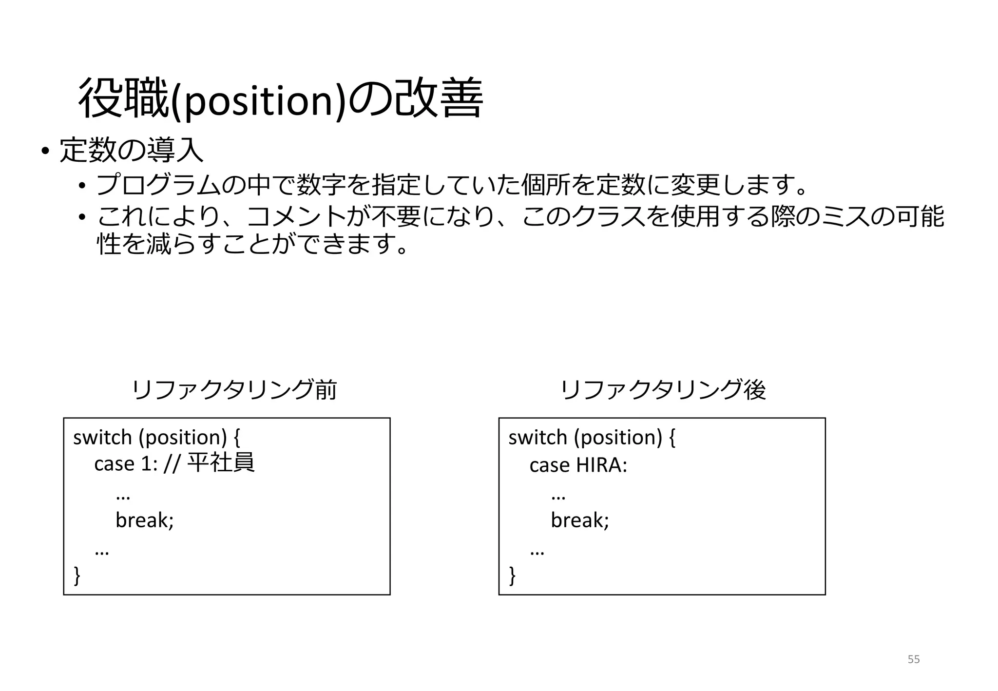 役職(position)の改善
• 定数の導入
• プログラムの中で数字を指定していた個所を定数に変更します。
• これにより、コメントが不要になり、このクラスを使用する際のミスの可能
性を減らすことができます。
55
switch (position) {
case HIRA:
…
break;
…
}
リファクタリング前
switch (position) {
case 1: // 平社員
…
break;
…
}
リファクタリング後
 