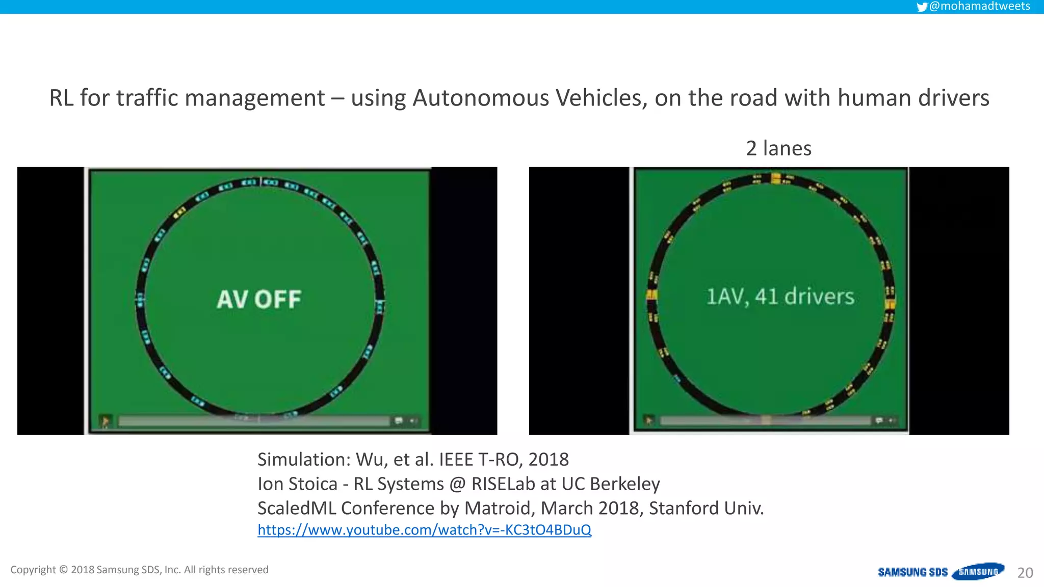Copyright © 2018 Samsung SDS, Inc. All rights reserved
@mohamadtweets
20
Simulation: Wu, et al. IEEE T-RO, 2018
Ion Stoica - RL Systems @ RISELab at UC Berkeley
ScaledML Conference by Matroid, March 2018, Stanford Univ.
https://www.youtube.com/watch?v=-KC3tO4BDuQ
RL for traffic management – using Autonomous Vehicles, on the road with human drivers
2 lanes
 
