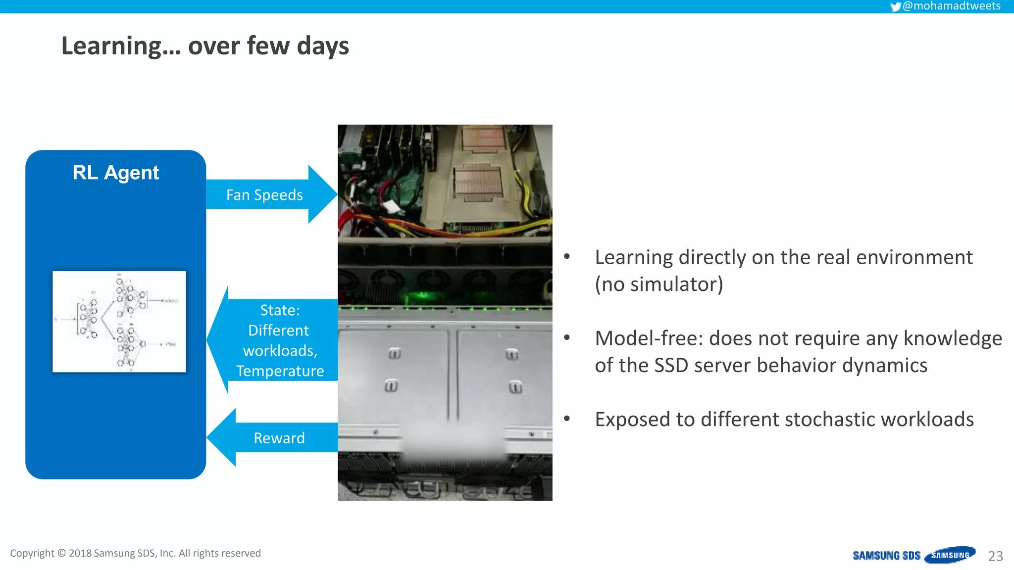 Copyright © 2018 Samsung SDS, Inc. All rights reserved
@mohamadtweets
Learning… over few days
23
RL Agent
Fan Speeds
State:
Different
workloads,
Temperature
Reward
• Learning directly on the real environment
(no simulator)
• Model-free: does not require any knowledge
of the SSD server behavior dynamics
• Exposed to different stochastic workloads
 