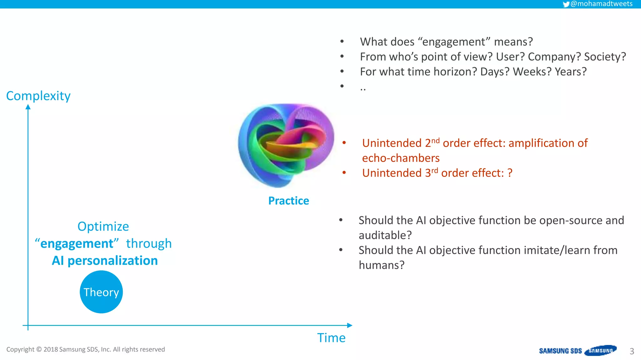 Copyright © 2018 Samsung SDS, Inc. All rights reserved
@mohamadtweets
3
Theory
Practice
Time
Complexity
Optimize
“engagement” through
AI personalization
• What does “engagement” means?
• From who’s point of view? User? Company? Society?
• For what time horizon? Days? Weeks? Years?
• ..
• Unintended 2nd order effect: amplification of
echo-chambers
• Unintended 3rd order effect: ?
• Should the AI objective function be open-source and
auditable?
• Should the AI objective function imitate/learn from
humans?
 
