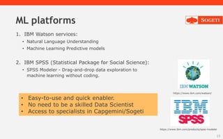 ML platforms
1. IBM Watson services:
• Natural Language Understanding
• Machine Learning Predictive models
2. IBM SPSS (St...