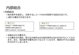 内部結合
• 内部結合
• 結合条件を指定し、合致するレコードのみを取得する結合方法です。
• 2通りの書き方があります。
• お勧めは①の書き方。
• ②の書き方の場合、絞り込み条件なのか結合条件なのかが分かりにくくなり
ます。また、結合条件を書き忘れてもエラーにならず、意図せずクロス結合
が行われてしまいます。
19
-- 書き方①
SELECT * FROM table1 t1
INNER JOIN table2 t2
ON t1.column = t2.column
-- 書き方②
SELECT * FROM table1 t1, table2 t2
WHERE t1.column = t2.column
 