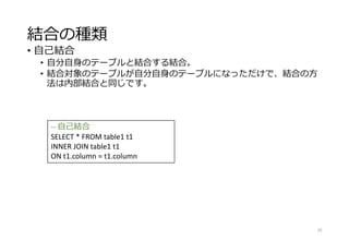 結合の種類
• 自己結合
• 自分自身のテーブルと結合する結合。
• 結合対象のテーブルが自分自身のテーブルになっただけで、結合の方
法は内部結合と同じです。
29
-- 自己結合
SELECT * FROM table1 t1
INNER JOIN table1 t1
ON t1.column = t1.column
 