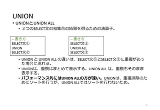 UNION
• UNIONとUNION ALL
• ３つのSELECT文の和集合の結果を得るための演算子。
• UNION と UNION ALL の違いは、SELECT文①とSELECT文②に重複があっ
た場合に現れる。
• UNIONは、重複はまとめて表示する。UNION ALL は、重複もそのまま
表示する。
• パフォーマンス的にはUNION ALLの方が速い。UNIONは、重複排除のた
めにソートを行うが、UNION ALLではソートを行わないため。
33
-- 書き方
SELECT文①
UNION
SELECT文②
-- 書き方
SELECT文①
UNION ALL
SELECT文②
 