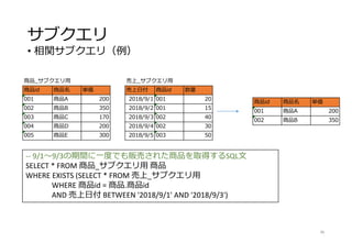 サブクエリ
• 相関サブクエリ（例）
46
-- 9/1～9/3の期間に一度でも販売された商品を取得するSQL文
SELECT * FROM 商品_サブクエリ用 商品
WHERE EXISTS (SELECT * FROM 売上_サブクエリ用
WHERE 商品id = 商品.商品id
AND 売上日付 BETWEEN '2018/9/1' AND '2018/9/3')
商品id 商品名 単価
001 商品A 200
002 商品B 350
商品_サブクエリ用
商品id 商品名 単価
001 商品A 200
002 商品B 350
003 商品C 170
004 商品D 200
005 商品E 300
売上_サブクエリ用
売上日付 商品id 数量
2018/9/1 001 20
2018/9/2 001 15
2018/9/3 002 40
2018/9/4 002 30
2018/9/5 003 50
 