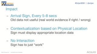 ©2018 Acquia Inc. — Confidential and Proprietary
– Arrival Sign, Every 5-8 secs
Old data not useful (real world evidence if right / wrong)
– Contextualization based on Physical Location
Sign must display appropriate location data
– No Interaction
Sign has to just “work”
Impact
#SrijanWW | @srijan
 