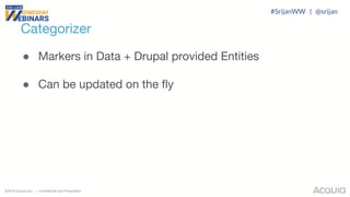 ©2018 Acquia Inc. — Confidential and Proprietary
Categorizer
● Markers in Data + Drupal provided Entities
● Can be updated on the fly
#SrijanWW | @srijan
 