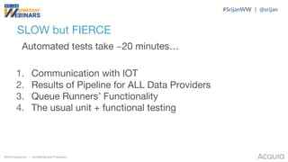 ©2018 Acquia Inc. — Confidential and Proprietary
SLOW but FIERCE
Automated tests take ~20 minutes…
1. Communication with IOT
2. Results of Pipeline for ALL Data Providers
3. Queue Runners’ Functionality
4. The usual unit + functional testing
#SrijanWW | @srijan
 